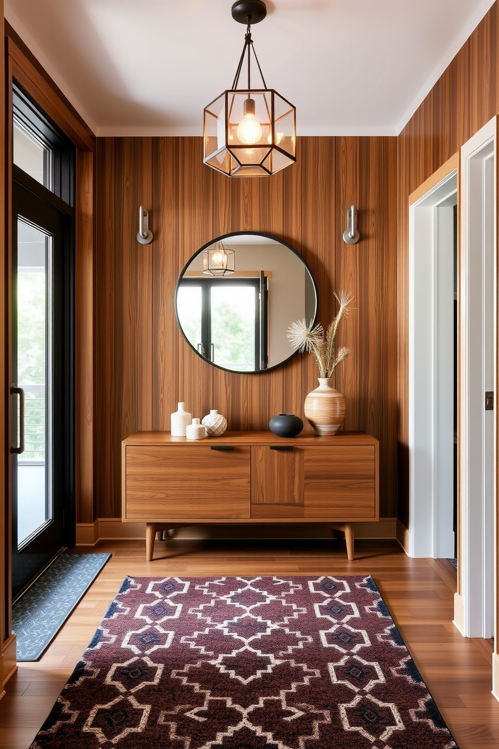 A welcoming foyer featuring warm wood tones complemented by geometric accents. The space includes a sleek wooden console table topped with decorative objects and a large round mirror reflecting the natural light. The floor is adorned with a bold geometric patterned rug that adds interest and texture. A stylish pendant light hangs from the ceiling, casting a warm glow over the area.