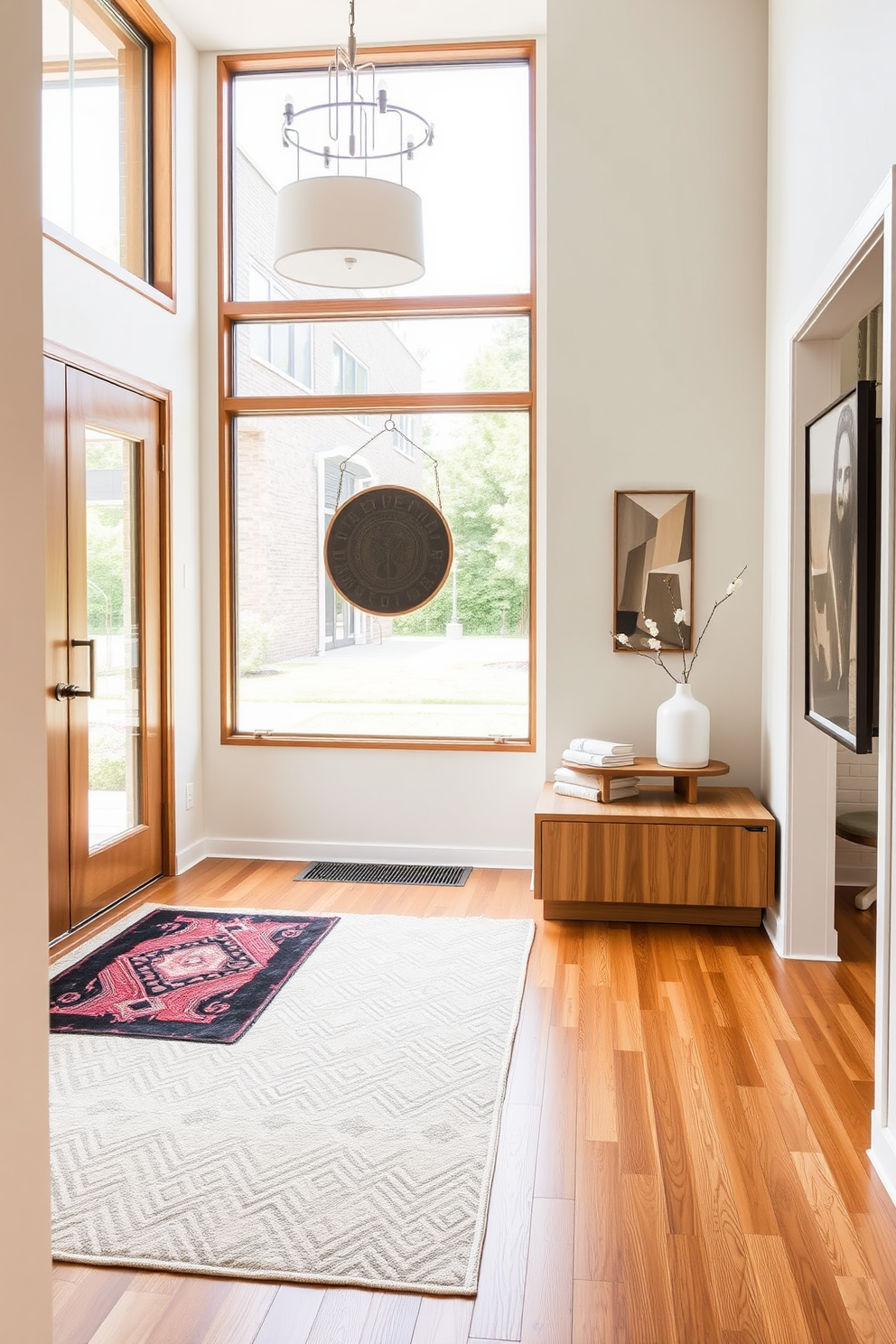 A minimalist bench designed for seating and storage is placed against the wall. The bench features clean lines and a natural wood finish, complementing the airy feel of the foyer. The foyer is adorned with Mid Century Modern accents, including a geometric area rug and a statement light fixture. Large windows allow natural light to flood the space, enhancing the warm color palette.