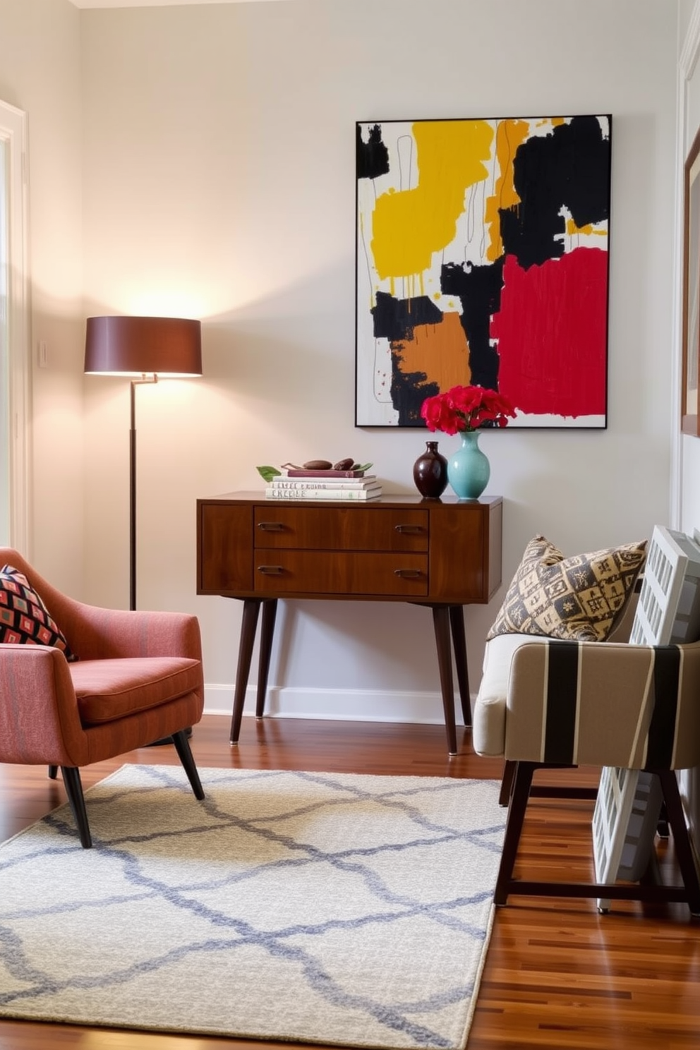 An eclectic foyer featuring a mix of vintage and contemporary furniture. A striking Mid Century Modern console table stands against the wall, adorned with a colorful abstract painting above it. To the left, a retro armchair in a bold fabric adds character, while a sleek modern floor lamp provides warm lighting. The floor is covered in a geometric patterned rug that ties together the various elements in the space.