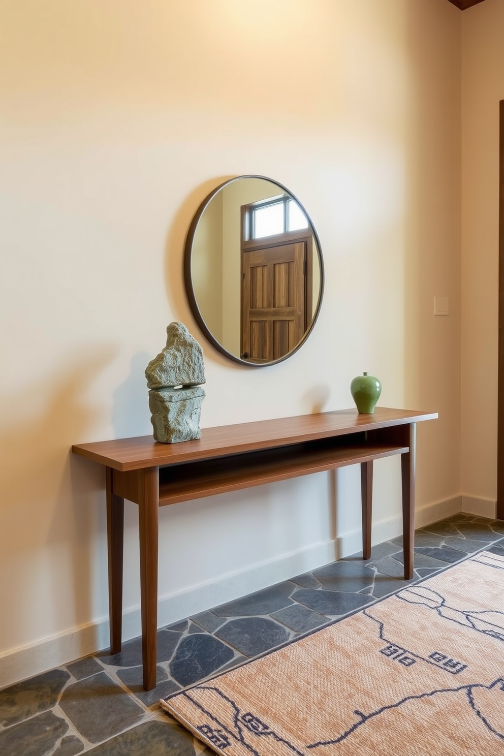 A welcoming foyer featuring natural materials such as stone and wood. The space includes a sleek wooden console table paired with a decorative stone sculpture and a large round mirror above it. Warm lighting highlights the rich textures of the wood and the cool tones of the stone flooring. A stylish area rug in earthy colors adds comfort and visual interest to the space.