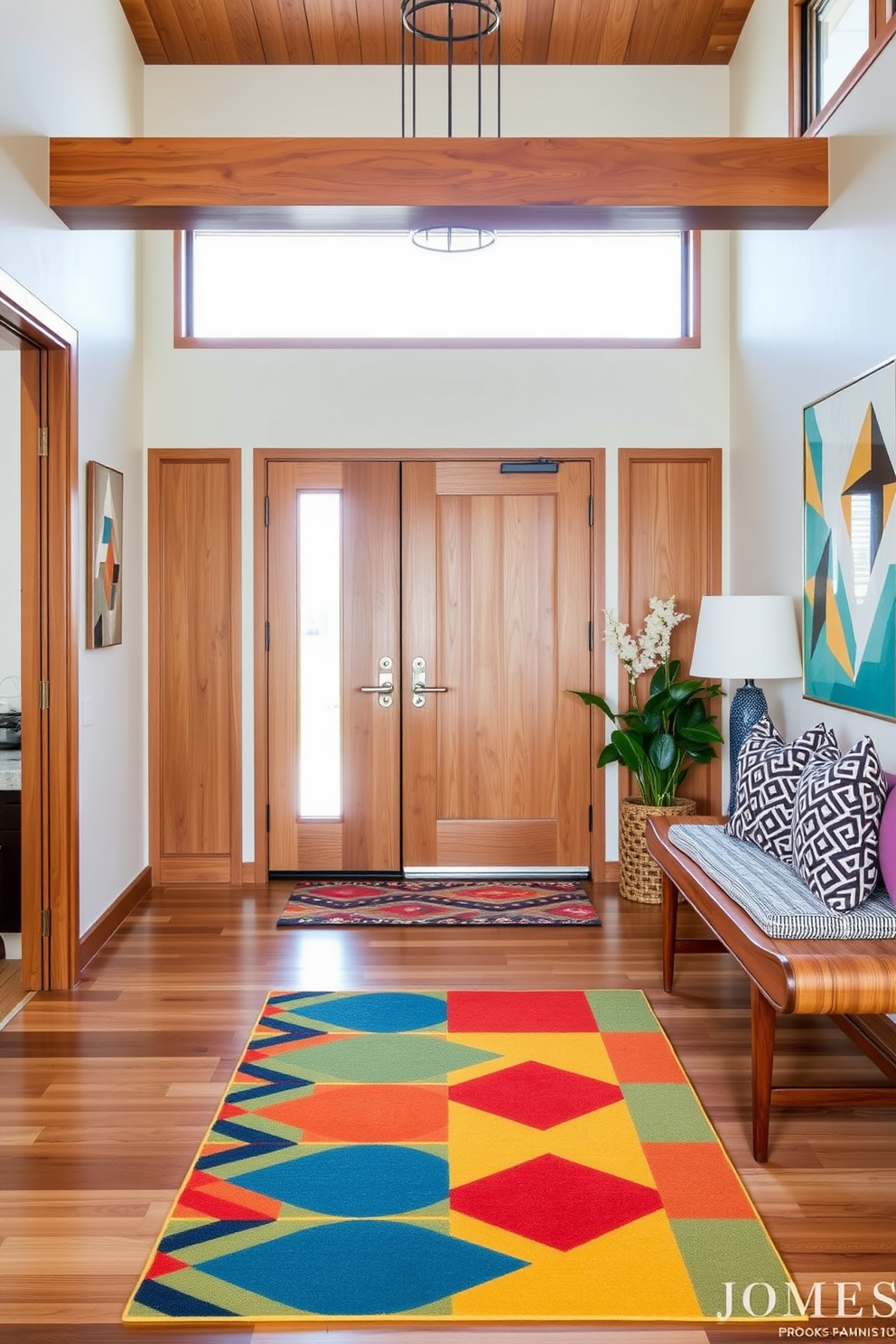 A colorful entry mat adds a welcoming touch to a Mid Century Modern foyer. The space features clean lines and a blend of natural wood tones, complemented by bold geometric patterns and vibrant colors in the decor.