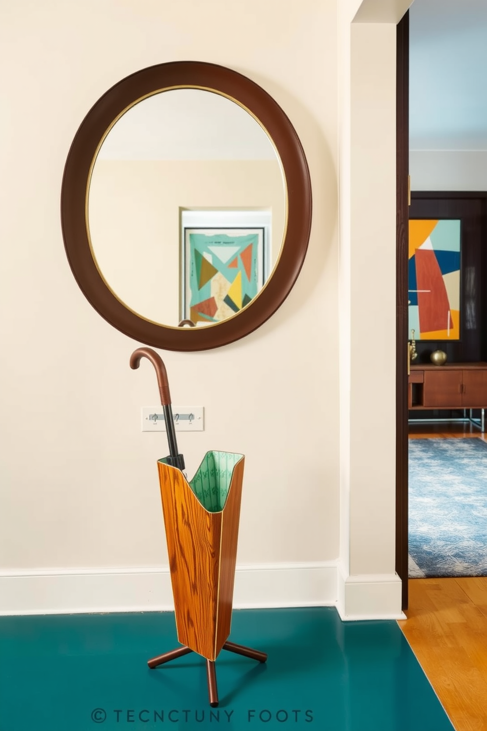 A stylish umbrella stand positioned in the corner of a Mid Century Modern foyer creates a practical yet chic entryway. The stand features a sleek design with a combination of wood and metal, complementing the warm tones of the foyer's decor. The foyer is adorned with geometric patterns and a vibrant color palette that reflects the essence of Mid Century Modern design. A statement mirror hangs above a console table, enhancing the space's functionality and aesthetic appeal.