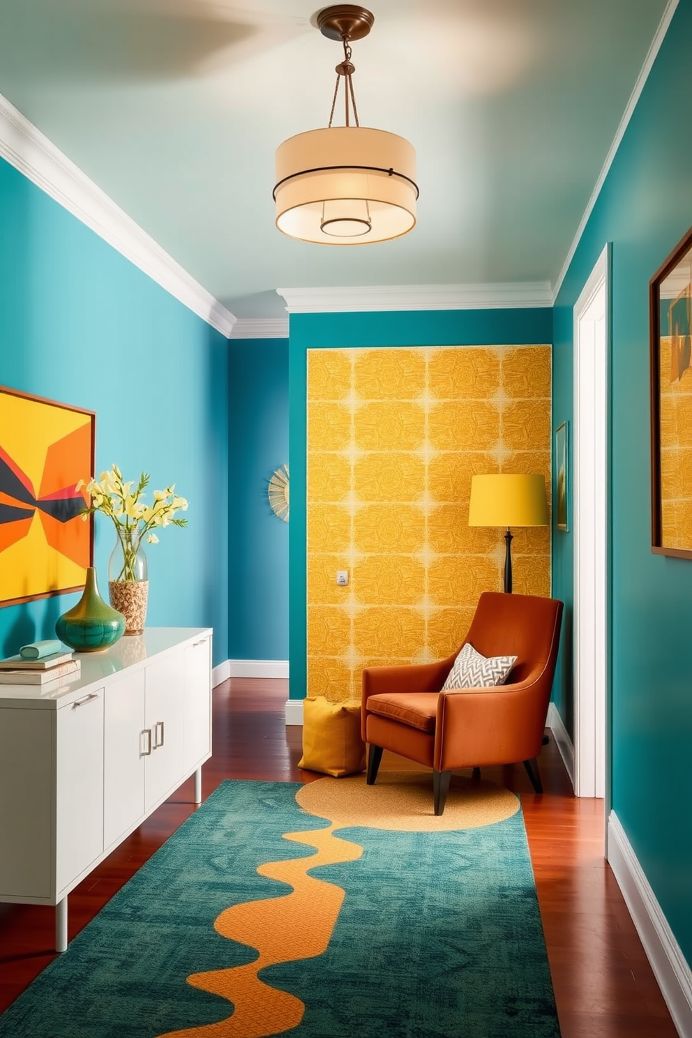 A bold color palette fills the foyer with vibrant hues of teal and mustard yellow. Retro furniture pieces, including a sleek sideboard and a plush armchair, complement the Mid Century Modern aesthetic. The walls are adorned with geometric patterns that enhance the dynamic feel of the space. A statement light fixture hangs from the ceiling, casting a warm glow over the inviting area.