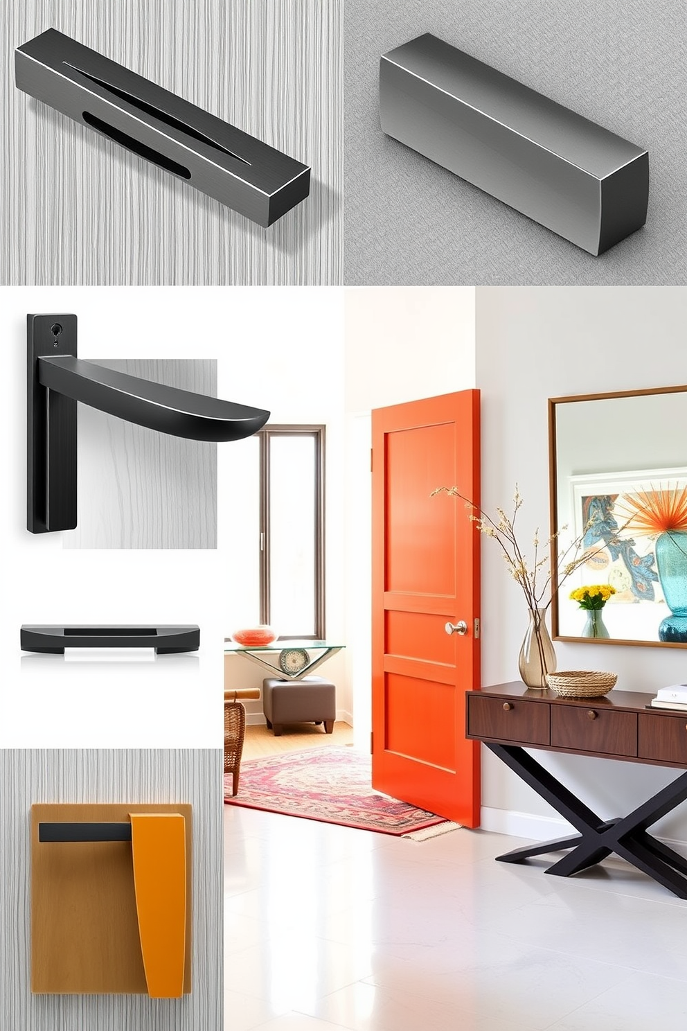 A collection of unique door handles featuring sleek lines and bold colors that add a modern twist to any entryway. The door handles are crafted from high-quality materials, showcasing a blend of functionality and artistic design. A Mid Century Modern foyer design that embraces open space and natural light. The foyer features a statement console table with a geometric silhouette and a large mirror that reflects the room's vibrant decor.