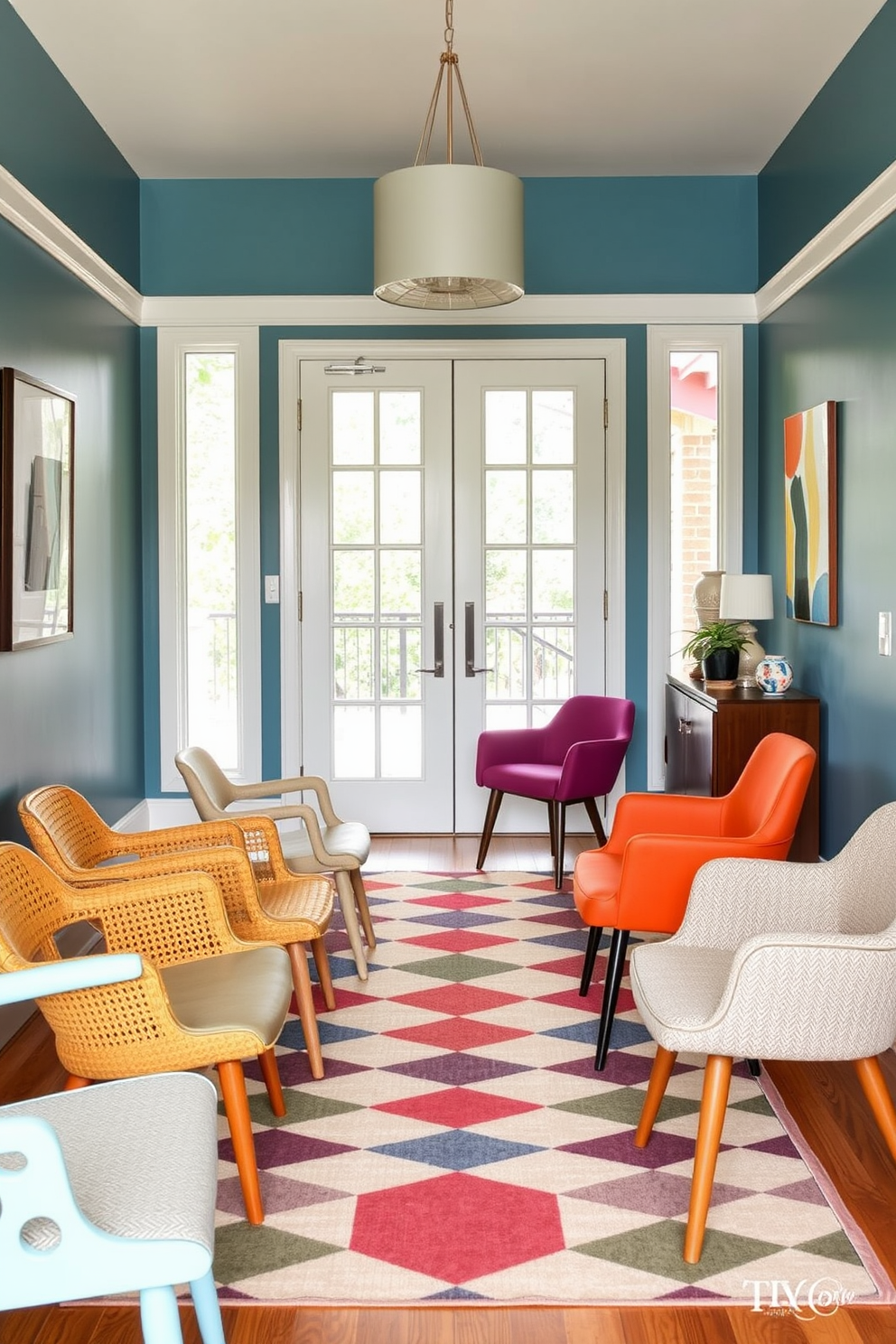 A Mid Century Modern foyer features a vibrant array of mismatched chairs that create a playful and inviting atmosphere. The space is enhanced by a geometric area rug and a statement light fixture that adds a touch of elegance.