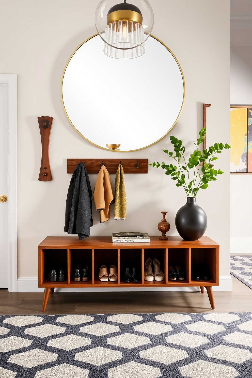 A stylish shoe storage solution featuring a sleek wooden bench with built-in cubbies for shoes. The bench is complemented by a wall-mounted coat rack and a large round mirror above it, creating an organized and inviting entryway. Mid Century Modern foyer design ideas showcasing a spacious area with a geometric patterned rug and a statement light fixture. The walls are adorned with vibrant art pieces, and a console table with tapered legs displays decorative items and fresh greenery.