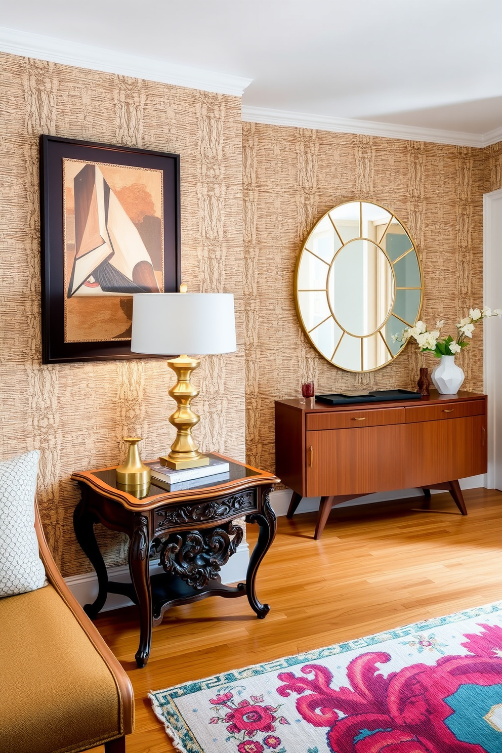 A vintage-inspired side table with a sleek brass lamp sits against a textured wallpaper backdrop. The table features intricate carvings and a polished wood finish, while the lamp casts a warm glow, enhancing the cozy atmosphere. The foyer showcases Mid Century Modern design elements, characterized by clean lines and organic shapes. A statement console table is paired with a geometric mirror, complemented by a vibrant area rug that adds a pop of color to the space.