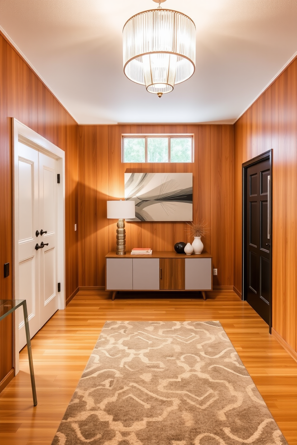 A Mid Century Modern foyer features a spacious layout with clean lines and a mix of natural materials. The walls are adorned with warm wood paneling, and a statement light fixture hangs from the ceiling, providing layered lighting for depth and warmth. A sleek console table sits against one wall, topped with decorative objects and a stylish lamp. The floor is finished with a geometric patterned rug that adds texture and complements the overall design aesthetic.