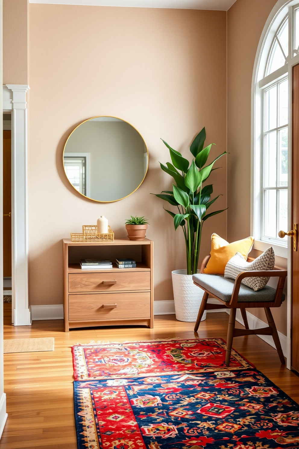 A functional entryway features a sleek console table with storage drawers and a stylish bench for seating. The walls are adorned with geometric patterns in soft earth tones, and a large round mirror reflects natural light from the nearby window. In this Mid Century Modern foyer, a vibrant area rug anchors the space, while a tall indoor plant adds a touch of greenery. Warm wood tones are complemented by brass accents, creating an inviting atmosphere that balances style and practicality.