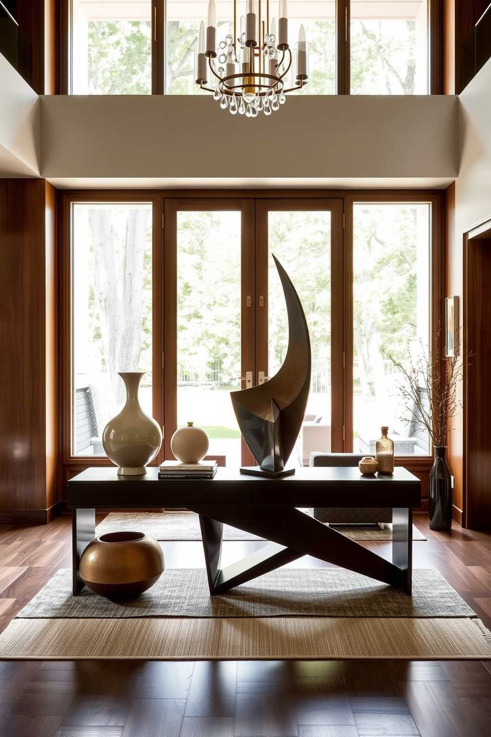 A stunning foyer featuring sculptural decor pieces that add artistic flair. The space is anchored by a sleek console table with a unique geometric shape, complemented by a bold, abstract sculpture on top. Warm wood tones and rich textures create an inviting atmosphere. Large windows allow natural light to flood the area, highlighting the interplay between the decor and the Mid Century Modern aesthetic.