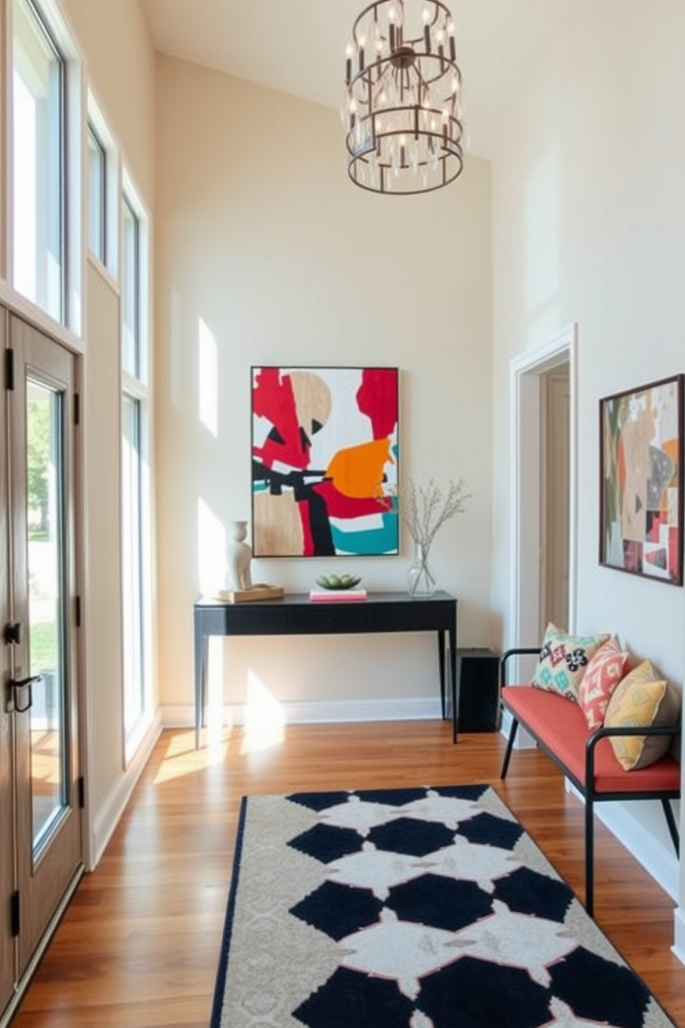 A welcoming foyer featuring a neutral color scheme accented with pops of vibrant colors. The space includes a sleek console table with a colorful abstract art piece above it, complemented by a chic area rug in geometric patterns. Natural light floods in through large windows, illuminating the warm wood tones of the flooring. A stylish bench with colorful cushions sits against one wall, while a statement light fixture adds a touch of elegance to the ceiling.