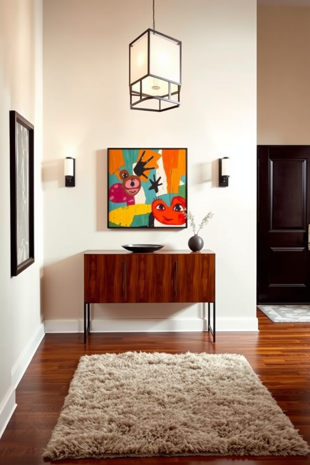 A stunning foyer featuring mid century lighting fixtures that create a warm and inviting ambiance. The space is adorned with a sleek console table against the wall, complemented by a vibrant abstract artwork above it. The lighting fixtures include a statement pendant light with geometric shapes and a pair of stylish wall sconces flanking the console. The floors are covered with rich hardwood, and a plush area rug adds texture and comfort to the entryway.