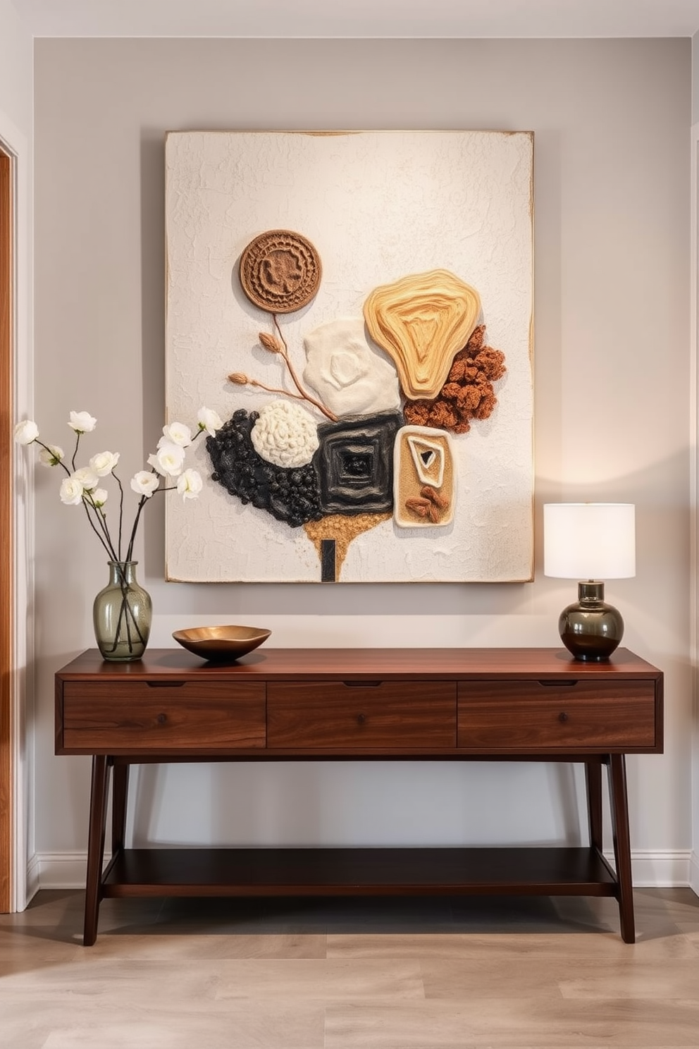 Textured wall art featuring natural elements creates a striking focal point in a Mid Century Modern foyer. The space showcases a sleek console table made of rich walnut wood, with a large abstract piece above that incorporates organic shapes and earthy tones.