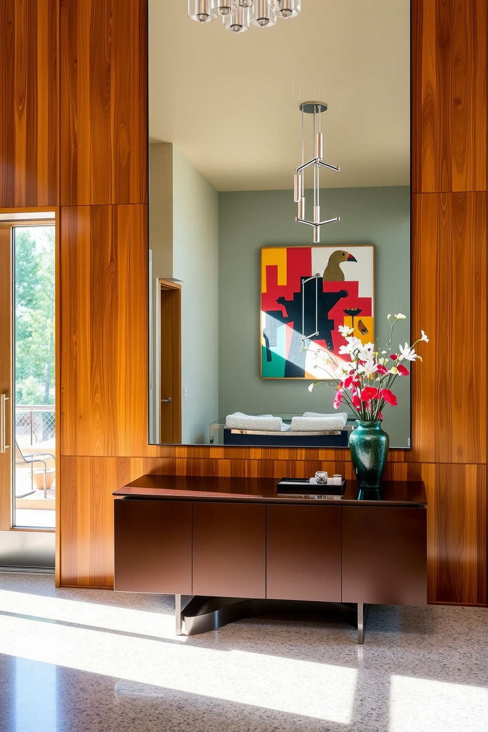 A stunning Mid Century Modern foyer features a large mirror that reflects natural light, enhancing the sense of spaciousness. The walls are adorned with warm wood paneling, complemented by a sleek console table and vibrant artwork.