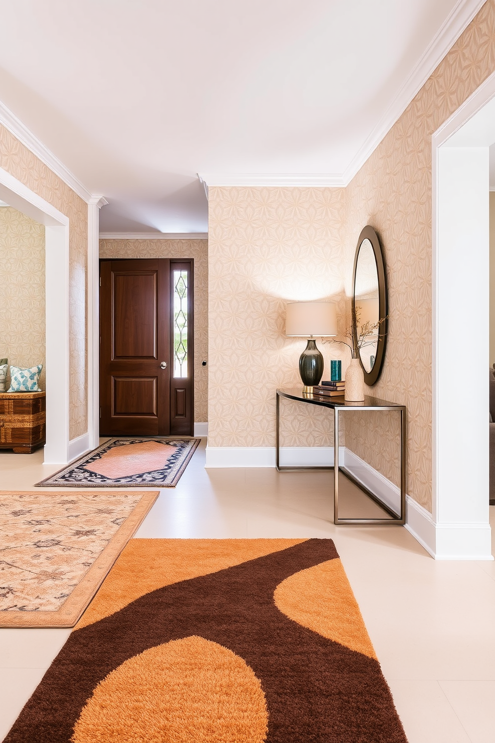 A stunning foyer features layered rugs that add warmth and style to the space. The rugs are in complementary colors and textures, creating a cozy and inviting atmosphere. The walls are adorned with geometric patterns in soft tones that reflect Mid Century Modern aesthetics. A sleek console table holds a stylish lamp and a few carefully curated decorative items, enhancing the overall design.