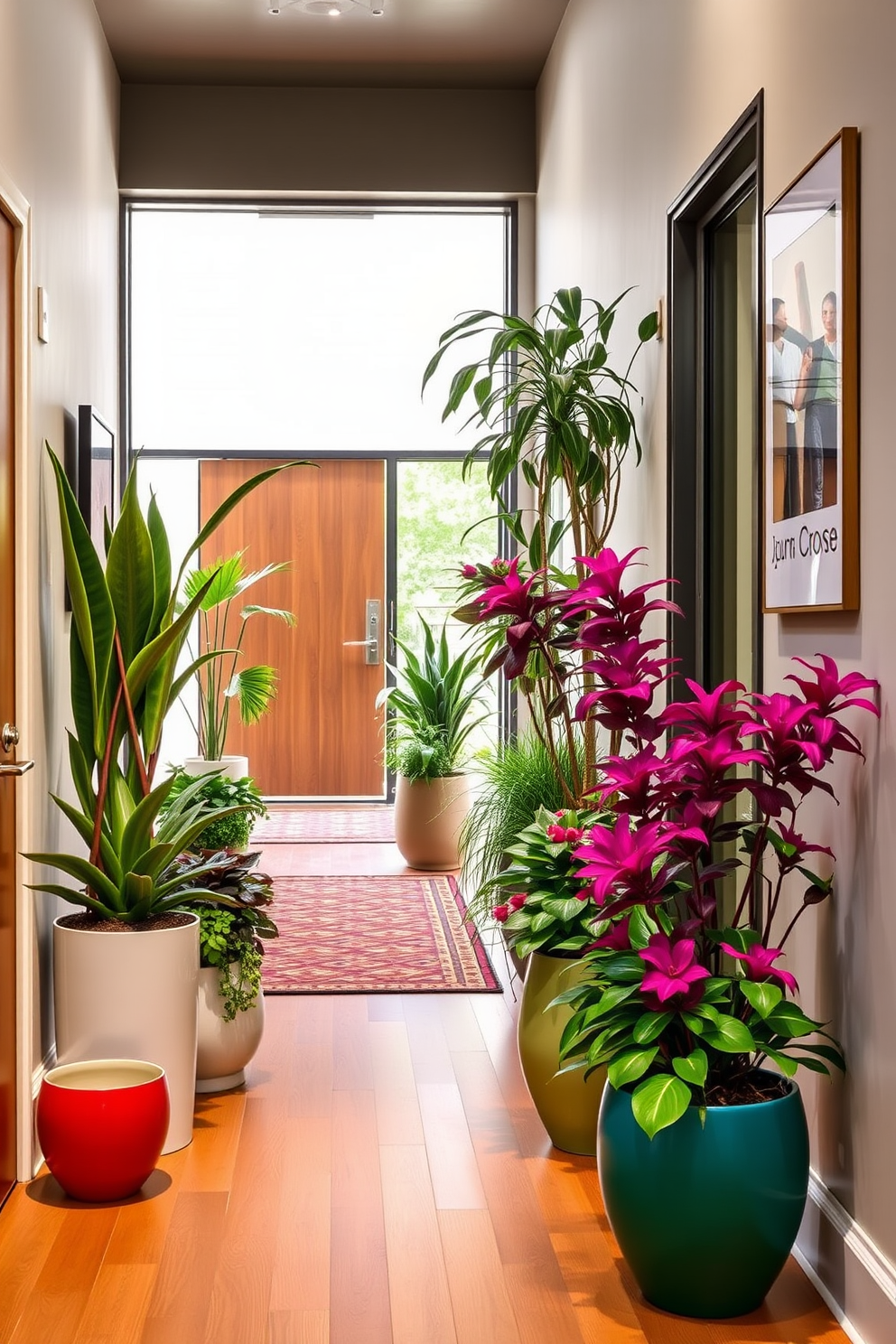 A stylish foyer featuring a collection of vibrant plants displayed in unique planters that add a touch of freshness to the space. The design incorporates clean lines and organic shapes typical of Mid Century Modern aesthetics, with warm wood tones and bold colors enhancing the welcoming atmosphere.