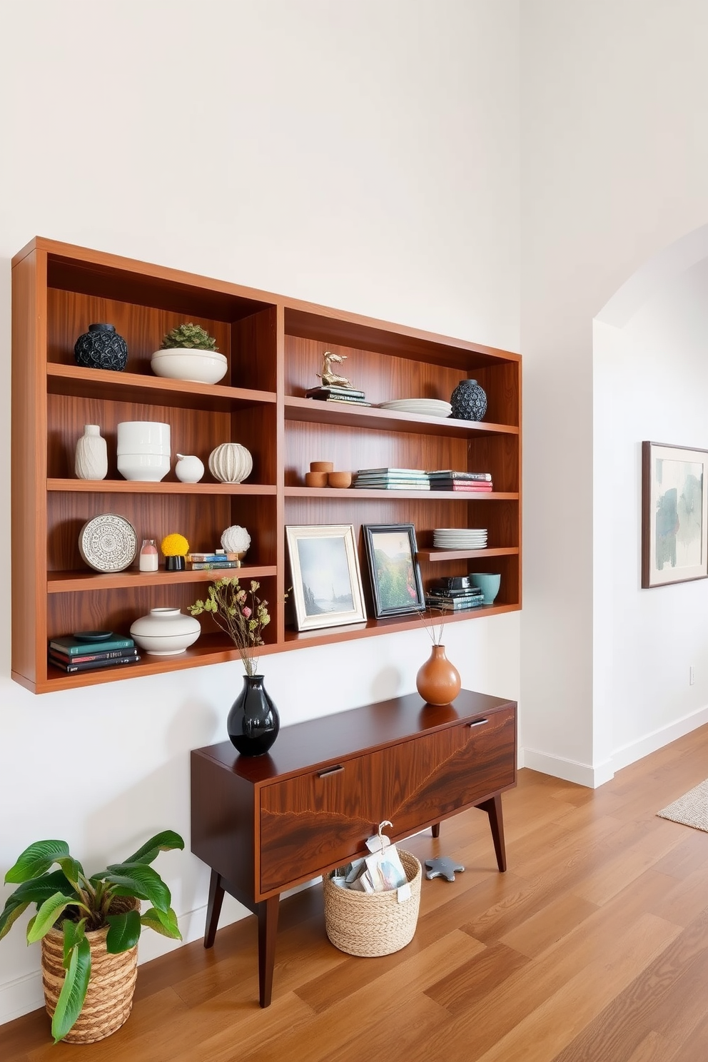 A stylish foyer featuring open shelving that showcases a curated selection of decorative items. The shelves are made of rich wood, perfectly complementing the sleek lines and organic shapes typical of Mid Century Modern design.