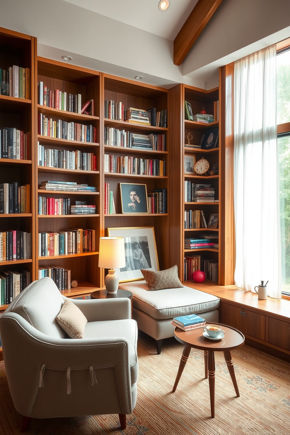 Cozy reading nook with built-in shelves. The space features a plush armchair upholstered in soft fabric, nestled beside a large window adorned with sheer curtains that allow natural light to filter in. Surrounding the nook are built-in shelves filled with an eclectic mix of books and decorative items. A small side table holds a steaming cup of tea and a reading lamp with a warm glow, creating an inviting atmosphere. Mid Century Modern Home Library Design Ideas. The library showcases a clean-lined wooden bookshelf that stretches from floor to ceiling, filled with colorful book spines and art pieces. A sleek, low-profile sofa in a bold color complements the space, paired with a retro coffee table. Large windows provide ample light, enhancing the warm wood tones and modern aesthetic of the room.