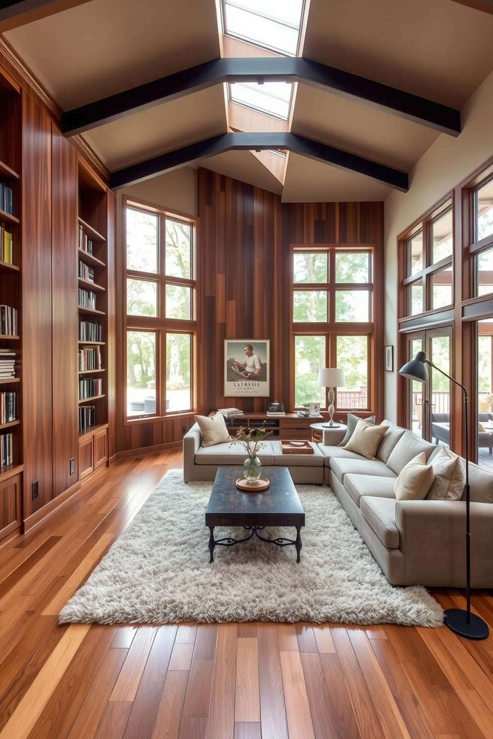 Open floor plan with defined spaces featuring a cozy home library. The library includes built-in bookshelves made of rich walnut wood, a large sectional sofa in a neutral fabric, and a vintage coffee table at the center. Large windows allow natural light to flood the space, highlighting the warm tones of the wood. A plush area rug anchors the seating area, while a modern floor lamp provides additional light for reading.