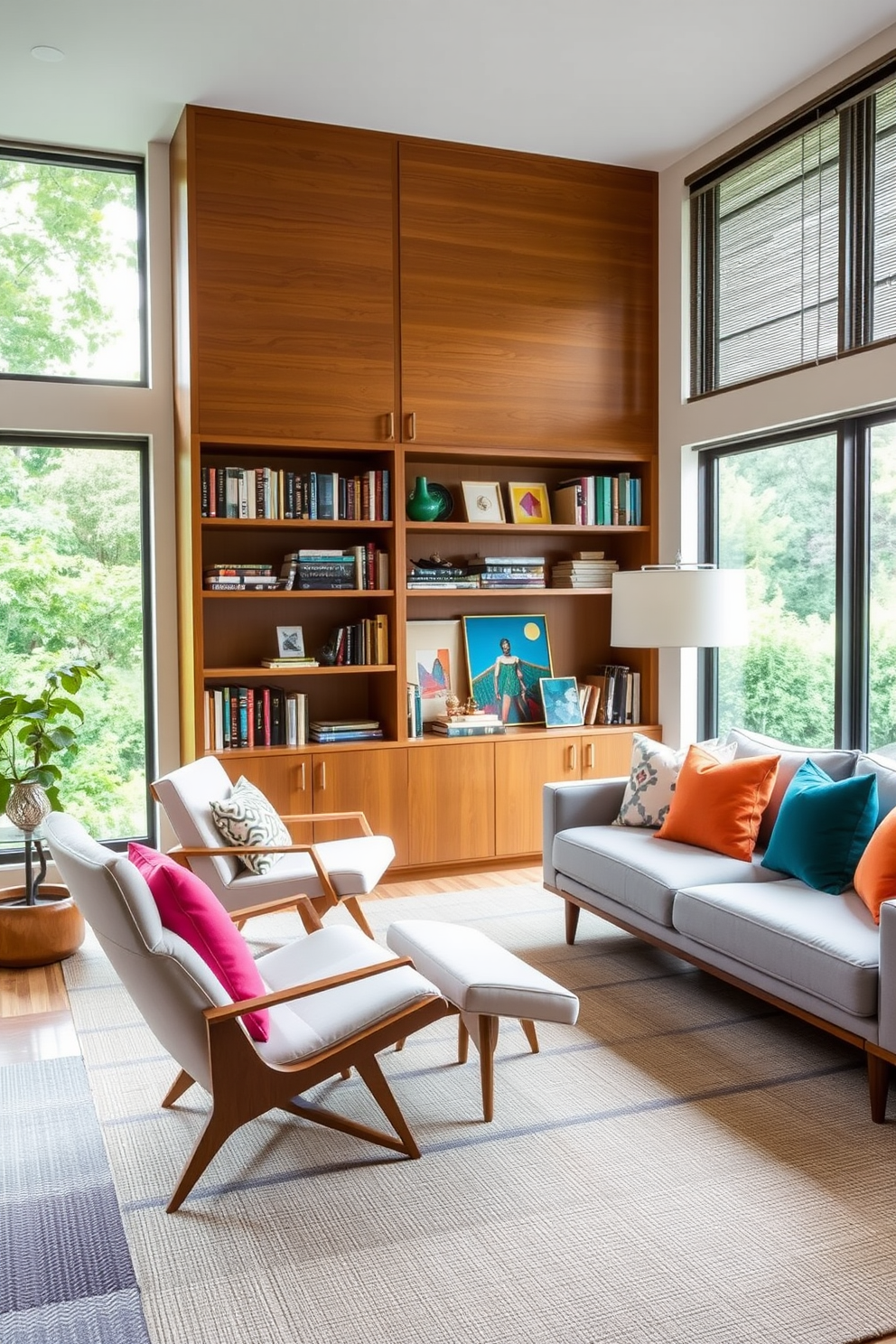 A Mid Century Modern home library featuring a neutral color palette complemented by pops of vibrant colors. The space includes a sleek wooden bookshelf filled with books, accented by colorful art pieces and decorative objects. Comfortable seating options consist of a stylish lounge chair and a minimalist sofa adorned with bright throw pillows. Large windows allow natural light to flood the room, highlighting the warm wood tones and creating an inviting atmosphere.