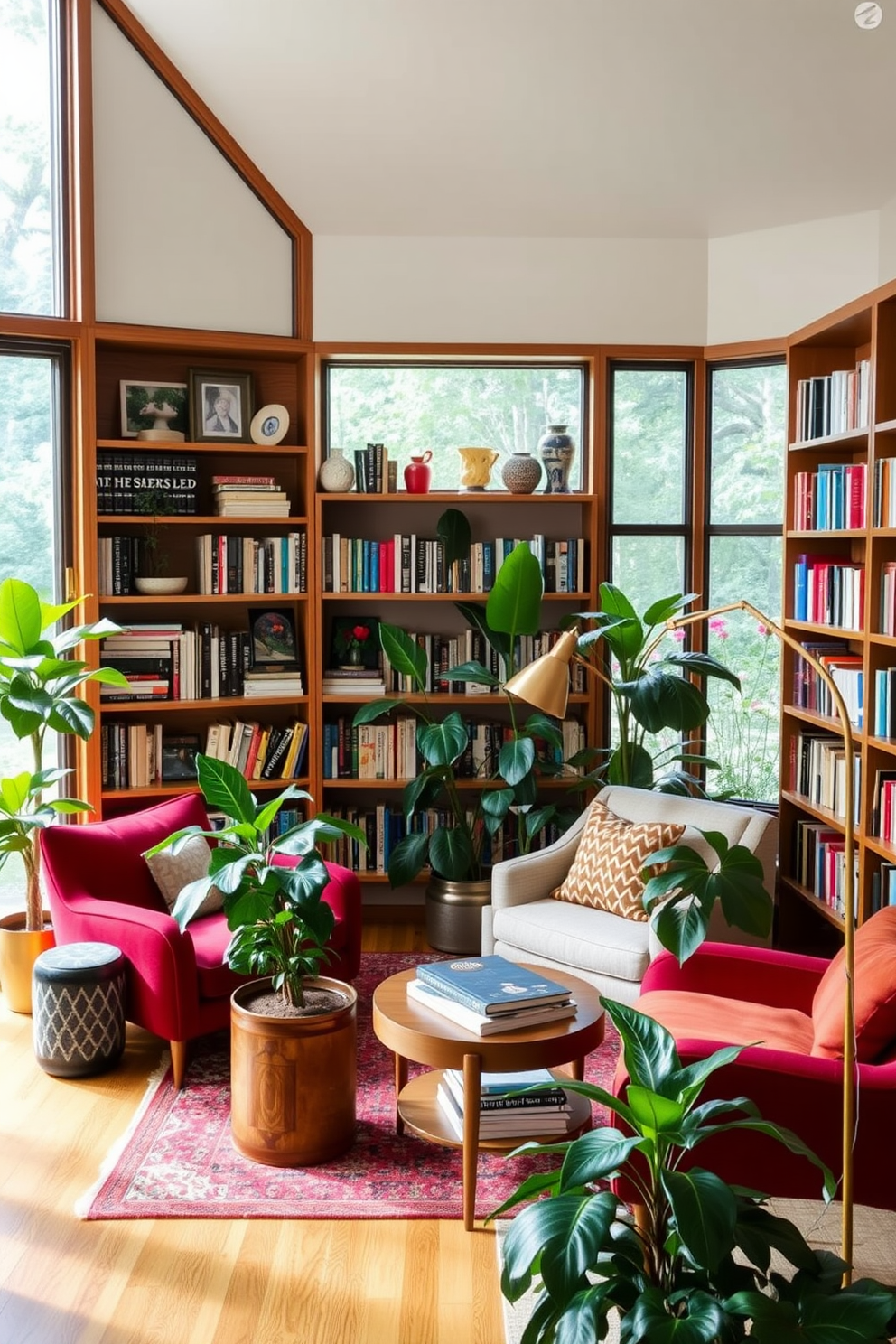 A cozy mid century modern home library features warm wooden shelves filled with books and decorative items. Plush seating in rich colors invites relaxation, while large windows allow natural light to flood the space. Incorporate lush green plants throughout the library to enhance the fresh and inviting atmosphere. A statement floor lamp adds a touch of elegance, creating the perfect reading nook.