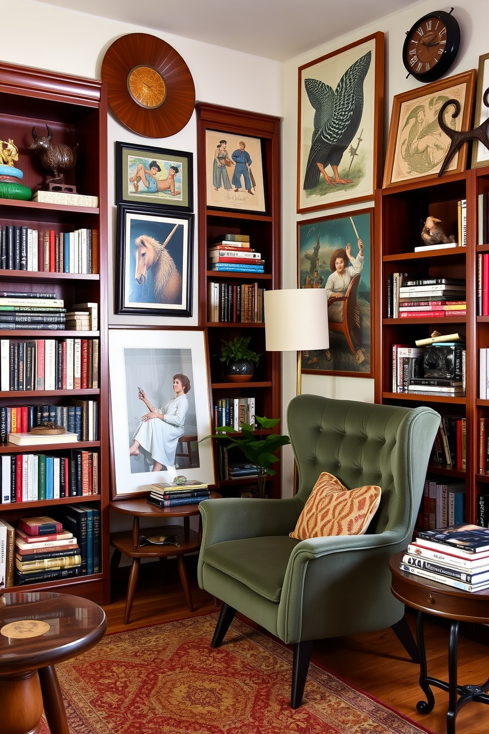 A cozy home library featuring Mid Century Modern design elements. The room is adorned with unique art pieces that serve as focal points, adding character and intrigue to the space. Rich wood shelves line the walls, filled with an eclectic mix of books and decorative objects. A plush, retro-inspired armchair sits in the corner, inviting readers to relax and enjoy the ambiance.