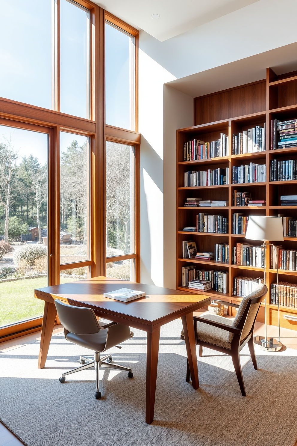 A functional workspace seamlessly integrated into the design features a sleek wooden desk with clean lines and ergonomic seating. Large windows allow natural light to flood the space, highlighting the minimalist decor and providing a view of the surrounding landscape. The Mid Century Modern home library showcases rich wooden bookshelves filled with a curated selection of books. A cozy reading nook with a vintage armchair and a stylish floor lamp invites relaxation and inspires creativity.