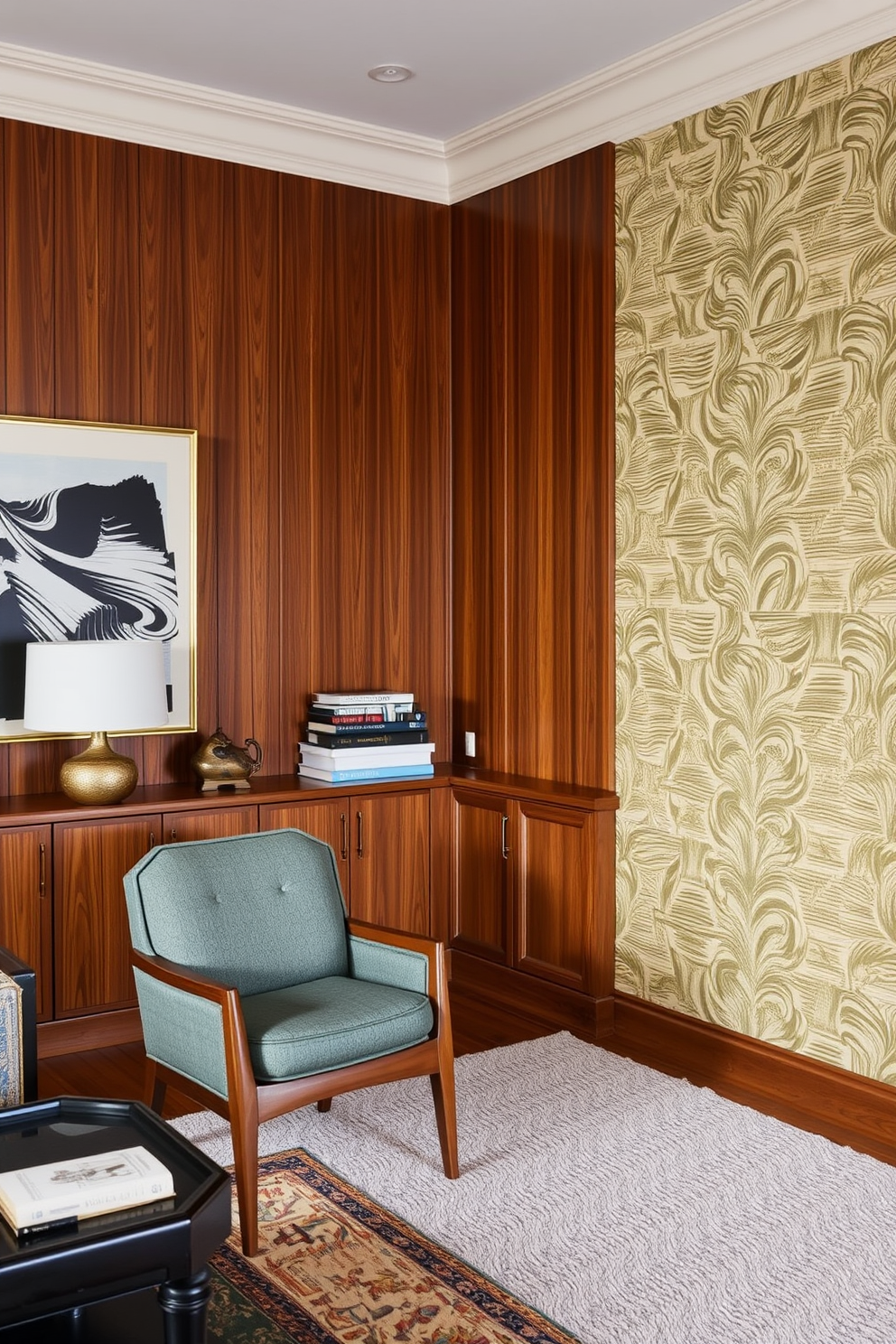 Textured wall treatments that add depth and character to a Mid Century Modern home library. Incorporate rich wood paneling and bold wallpaper patterns to create a warm and inviting atmosphere.