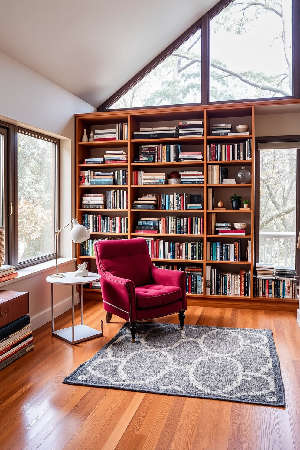 A cozy home library that blends vintage and modern decor elements. The room features a sleek Mid Century Modern bookshelf filled with an eclectic collection of books and decorative items. A plush, vintage armchair in a rich burgundy fabric sits in one corner, accompanied by a minimalist side table. Large windows allow natural light to flood the space, highlighting a contemporary area rug with geometric patterns on the hardwood floor.