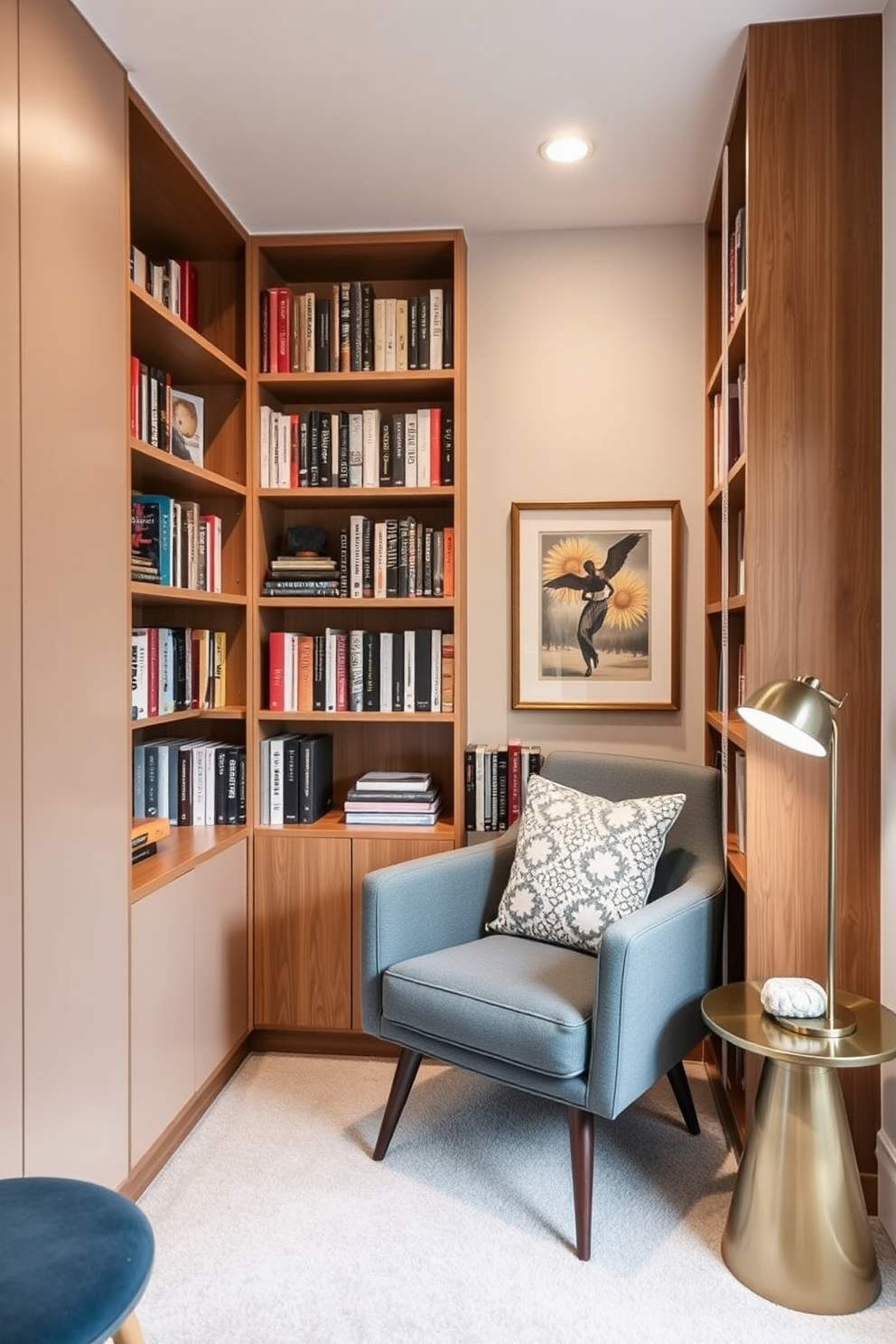 A cozy mid-century modern home library featuring space-saving furniture solutions. The design includes a sleek, wall-mounted bookshelf that maximizes vertical space and a compact reading nook with a stylish armchair and a small side table.