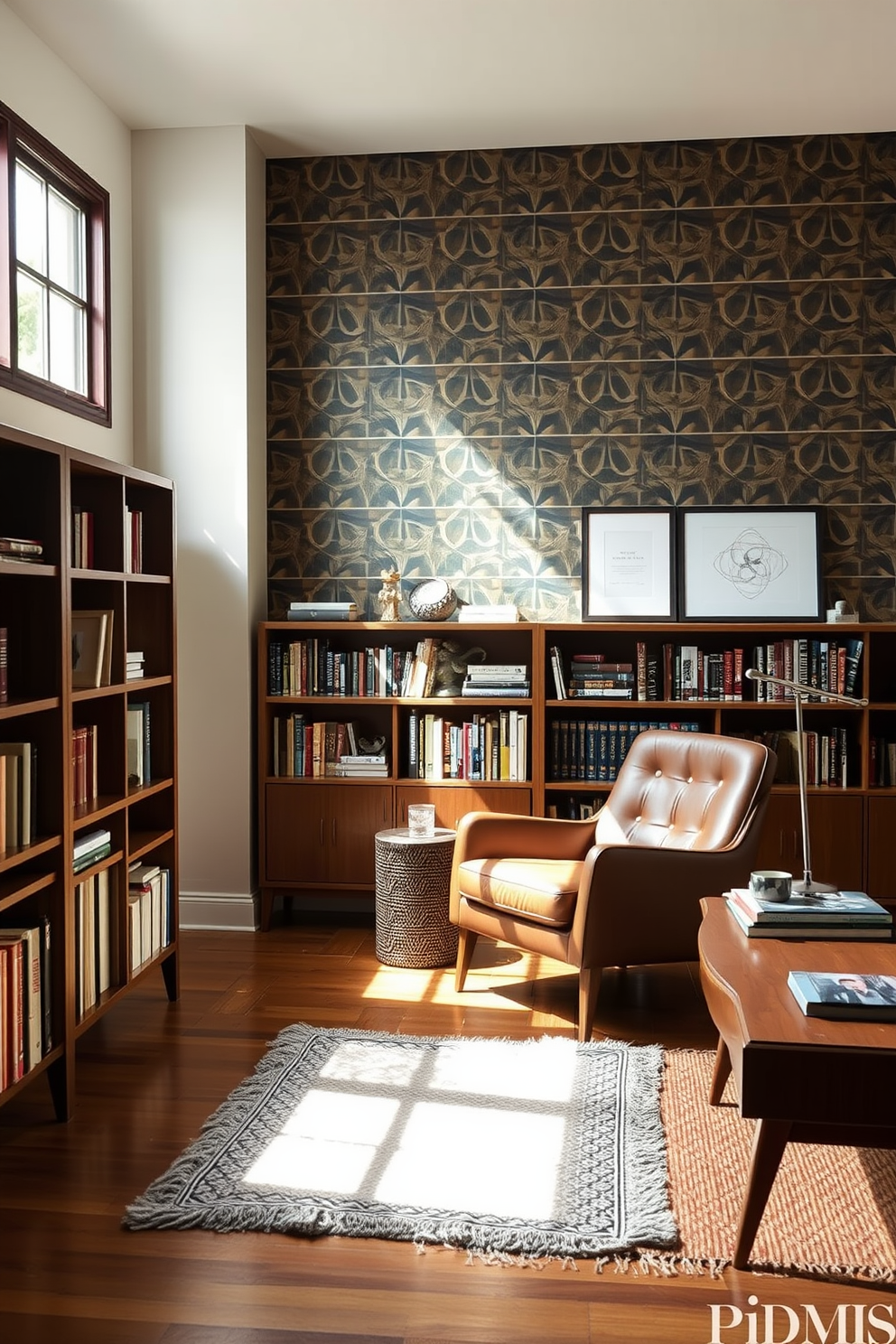 A cozy home library with an accent wall featuring bold wallpaper in geometric patterns. The room is filled with Mid Century Modern furniture, including a sleek wooden bookshelf and a comfortable leather armchair. Natural light streams in through large windows, illuminating the space with a warm glow. A stylish reading lamp sits next to the armchair, and a plush area rug adds texture to the hardwood floor.