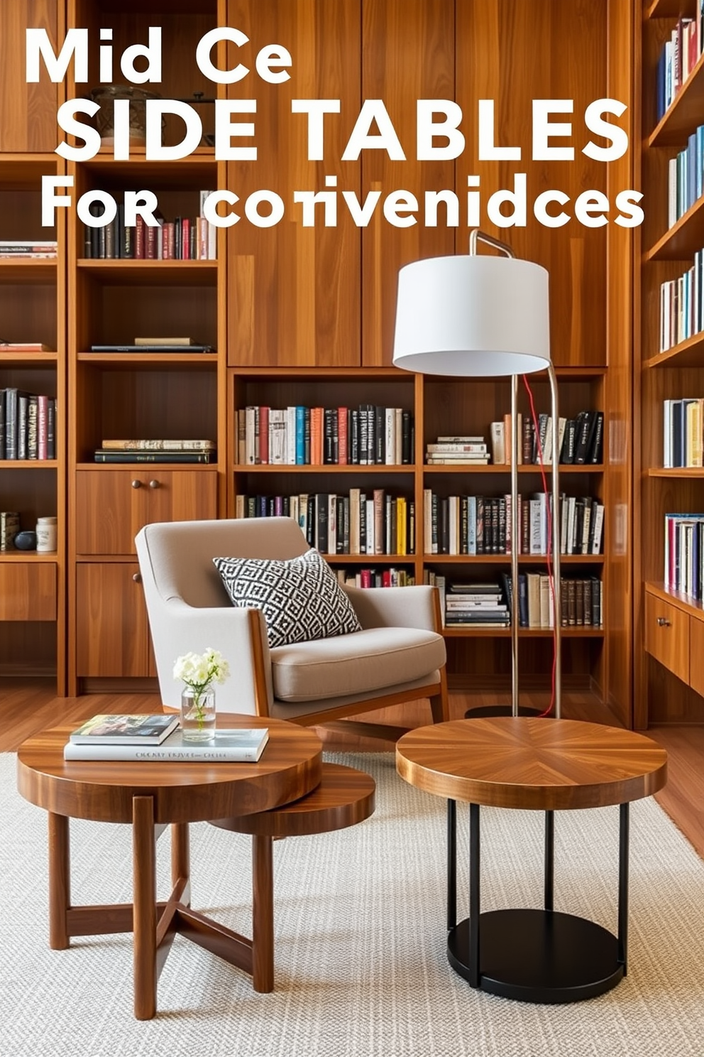 Stylish side tables for convenience. Each table features a unique design with a mix of wood and metal elements, providing both functionality and aesthetic appeal. Mid Century Modern Home Library Design Ideas. The space is filled with warm wood tones, featuring built-in bookshelves and a cozy reading nook with a plush armchair and a sleek floor lamp.