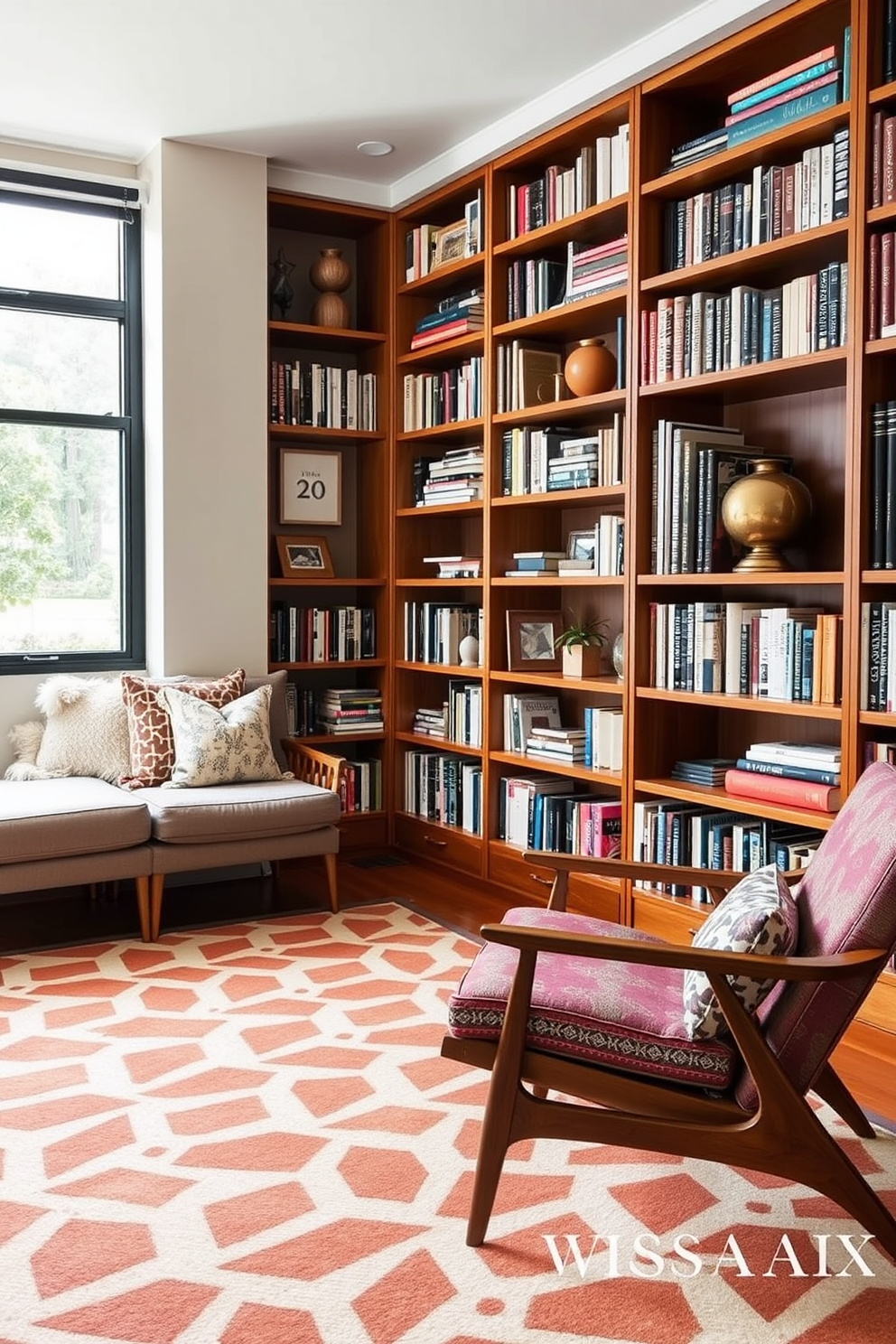 A cozy Mid Century Modern home library features a geometric patterned rug that adds visual interest to the space. The room is adorned with sleek wooden bookshelves filled with an eclectic mix of books and decorative items, creating a warm and inviting atmosphere.