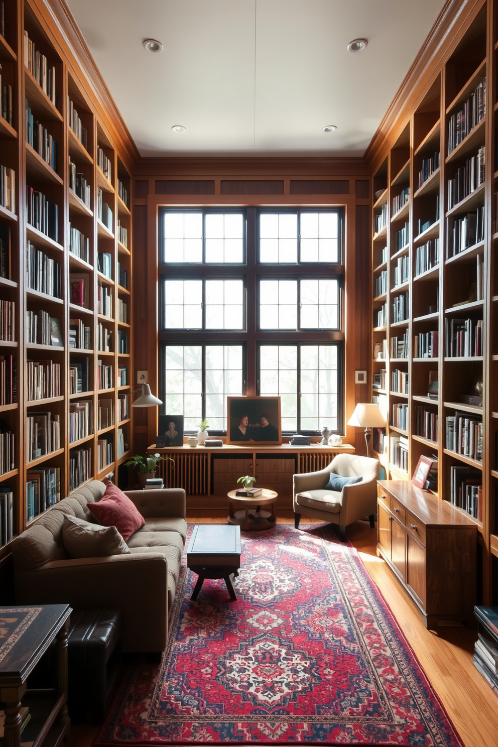 A cozy home library featuring natural wood bookshelves that reach from floor to ceiling. A large window allows natural light to flood the space, highlighting the warm tones of the wooden furniture. Plush seating in muted earth tones invites relaxation, while a vintage area rug adds texture underfoot. The walls are adorned with framed artwork and personal mementos, creating a welcoming and personalized atmosphere.