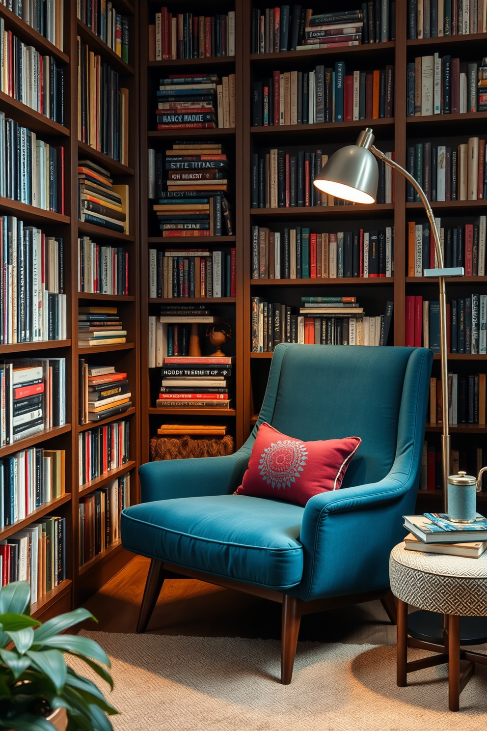 A cozy reading nook in a Mid Century Modern home library features a plush, oversized reading chair upholstered in a rich teal fabric. Surrounding the chair are tall bookshelves filled with an eclectic mix of books and decorative items, while a warm, ambient light from a sleek floor lamp creates an inviting atmosphere.