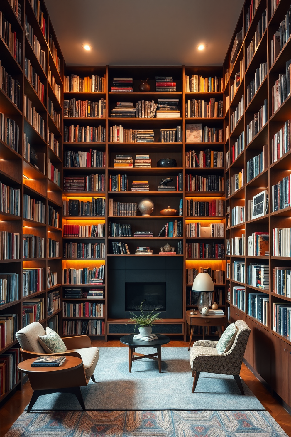 A stunning Mid Century Modern home library features floor-to-ceiling bookshelves that create a striking visual impact. The shelves are filled with an eclectic mix of books and decorative items, showcasing a blend of rich woods and sleek lines that define the Mid Century aesthetic. Soft, warm lighting illuminates the space, highlighting the textures of the books and the unique shapes of the furniture. A cozy reading nook is included, with a vintage armchair and a stylish side table, inviting relaxation and enjoyment of the literary collection.