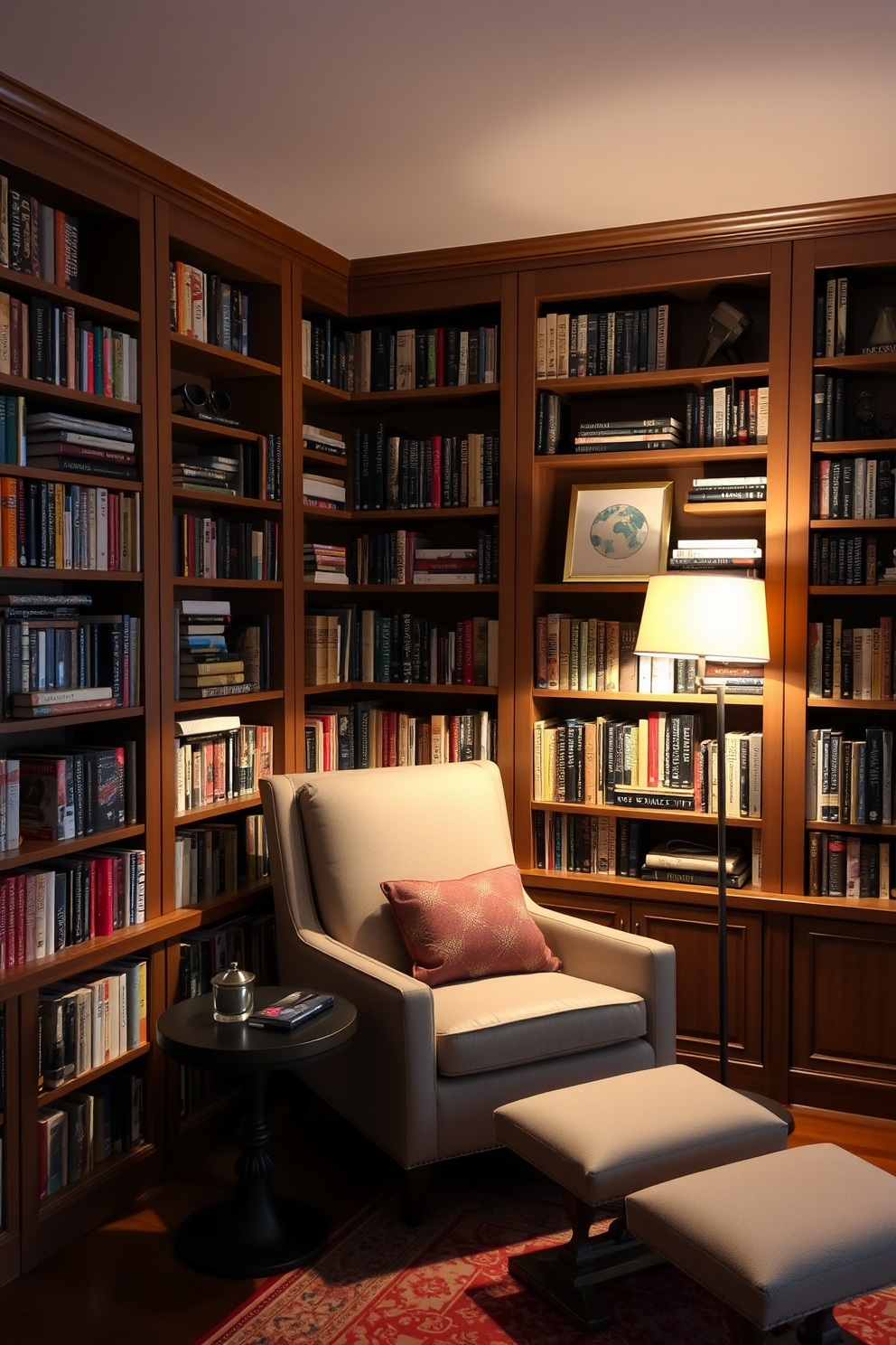 A cozy home library with soft lighting creating a warm atmosphere. The walls are lined with built-in wooden bookshelves filled with an eclectic collection of books and decorative items. A large, comfortable armchair sits in the corner, paired with a sleek side table. A stylish floor lamp with a warm glow illuminates the reading nook, enhancing the inviting ambiance.