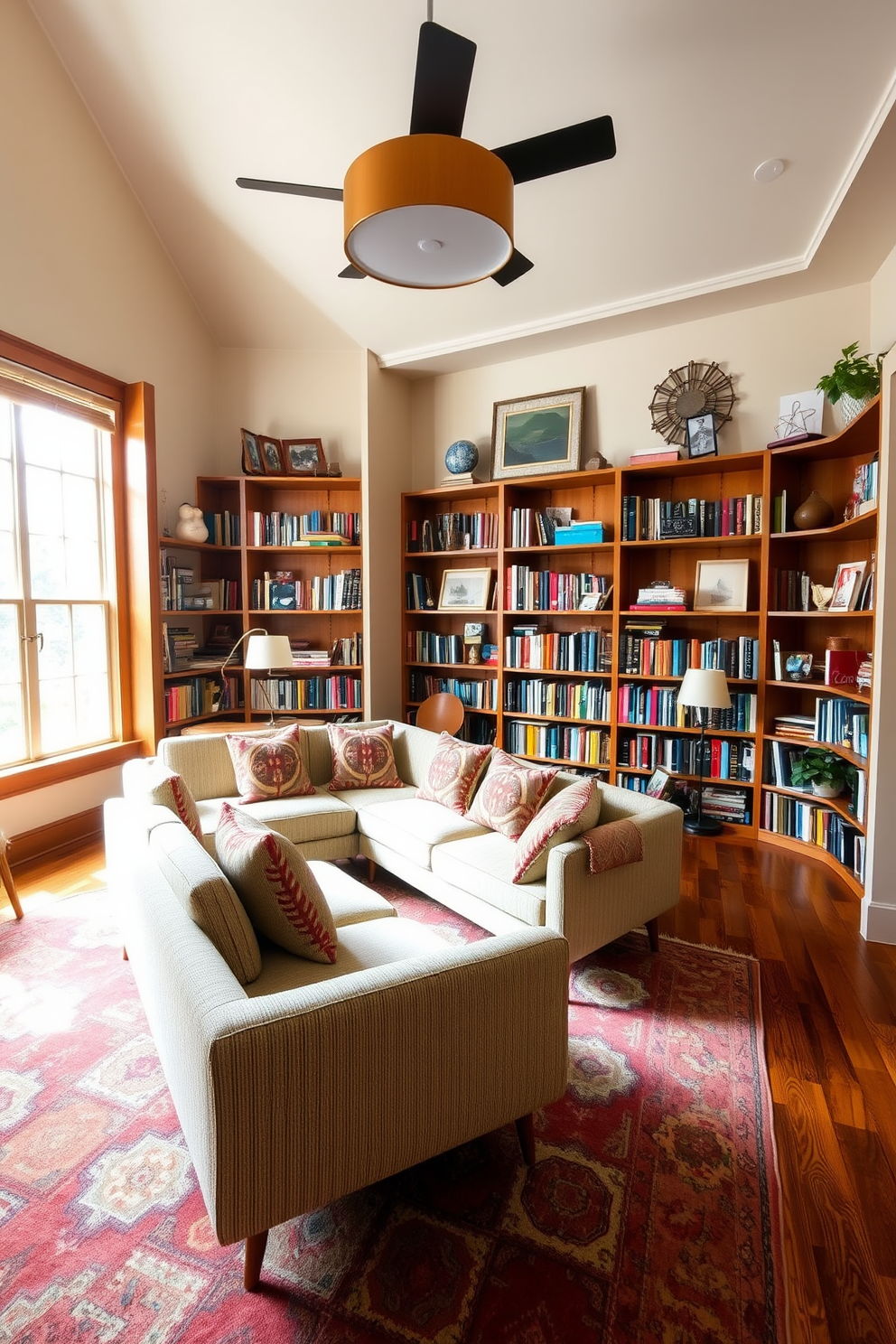 A cozy home library featuring retro-inspired decor elements. The room is filled with warm wooden bookshelves lined with colorful vintage books and eclectic decor pieces. A plush, mid-century modern sofa is positioned in the center, adorned with patterned throw pillows. Large windows allow natural light to flood the space, highlighting a stylish area rug that complements the overall aesthetic.