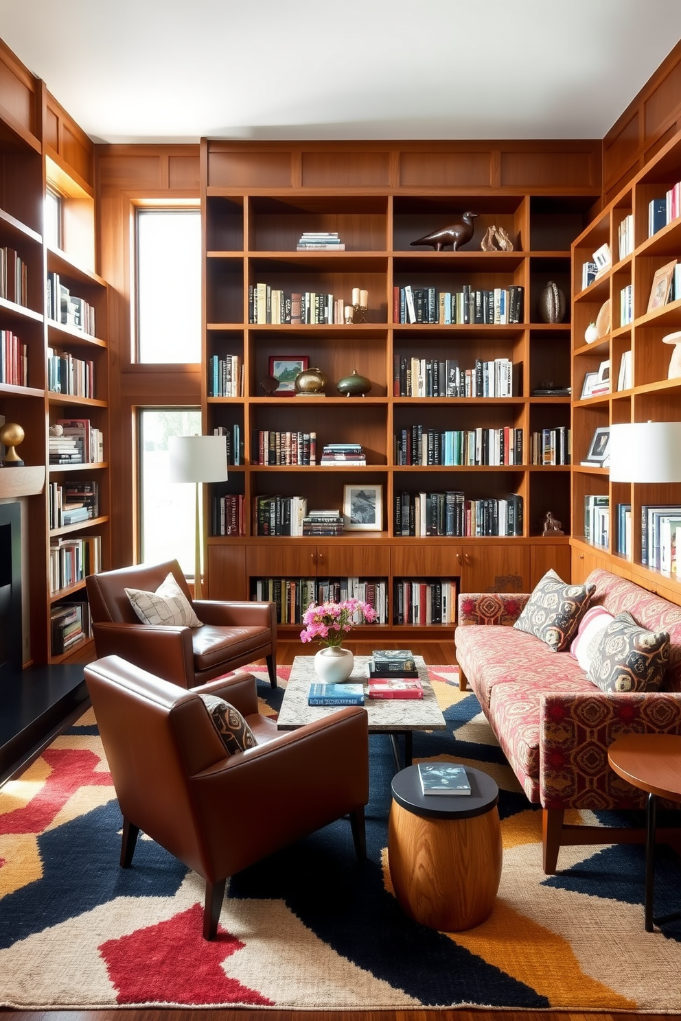 A Mid Century Modern home library features a mix of seating styles to create an inviting atmosphere. There are a sleek leather armchair paired with a colorful fabric sofa, both arranged around a stylish coffee table. The walls are lined with wooden bookshelves filled with an eclectic collection of books and decorative items. A bold area rug anchors the space, while large windows allow natural light to flood in, enhancing the warm wood tones.