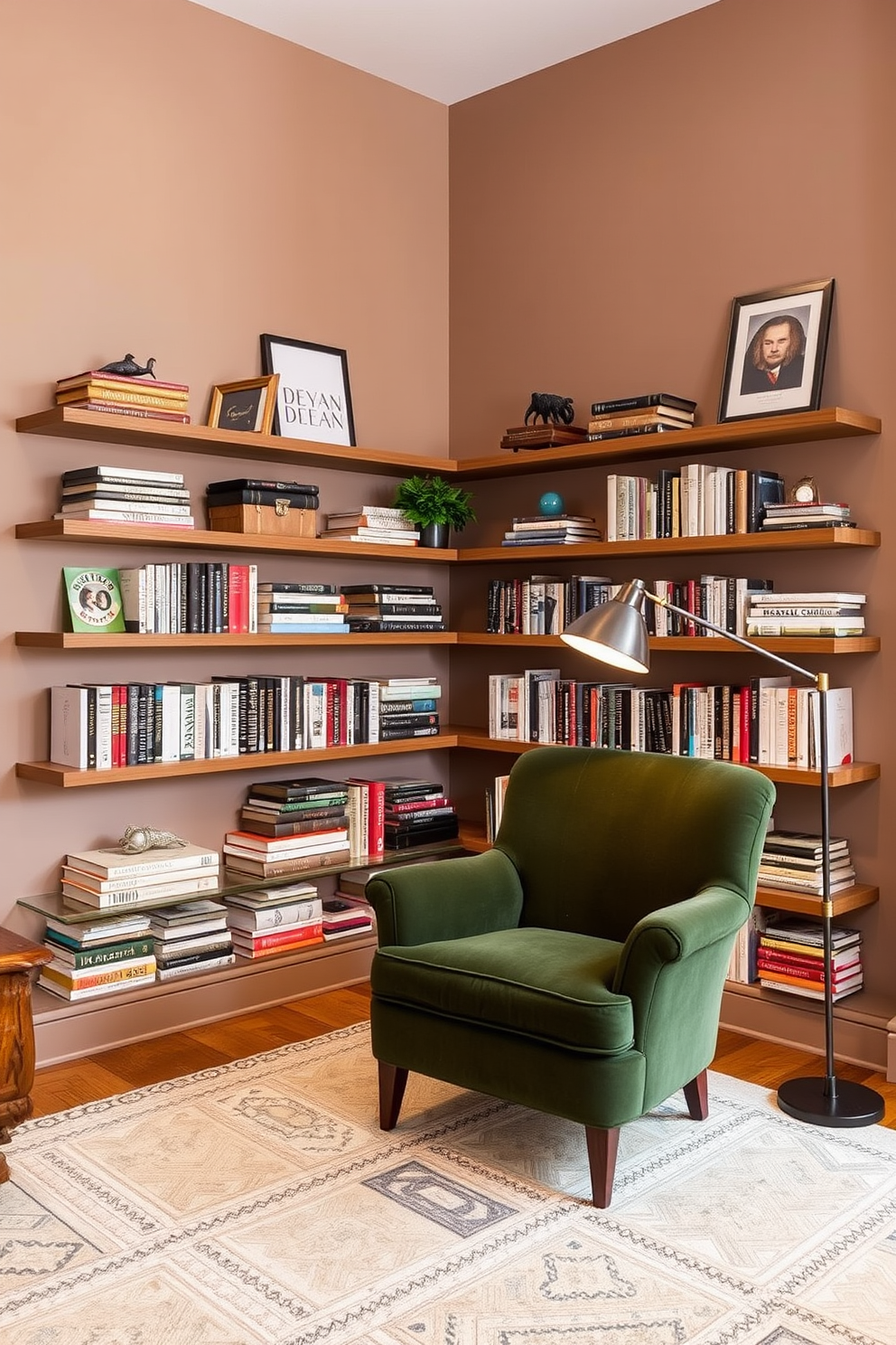 A cozy home library featuring floating shelves that create a modern touch. The walls are painted in a warm taupe color, and the shelves are filled with a curated collection of books and decorative objects. In the center of the room, a large, inviting armchair upholstered in a rich green fabric offers a perfect reading nook. A stylish floor lamp stands beside it, providing soft lighting for evening reading sessions.