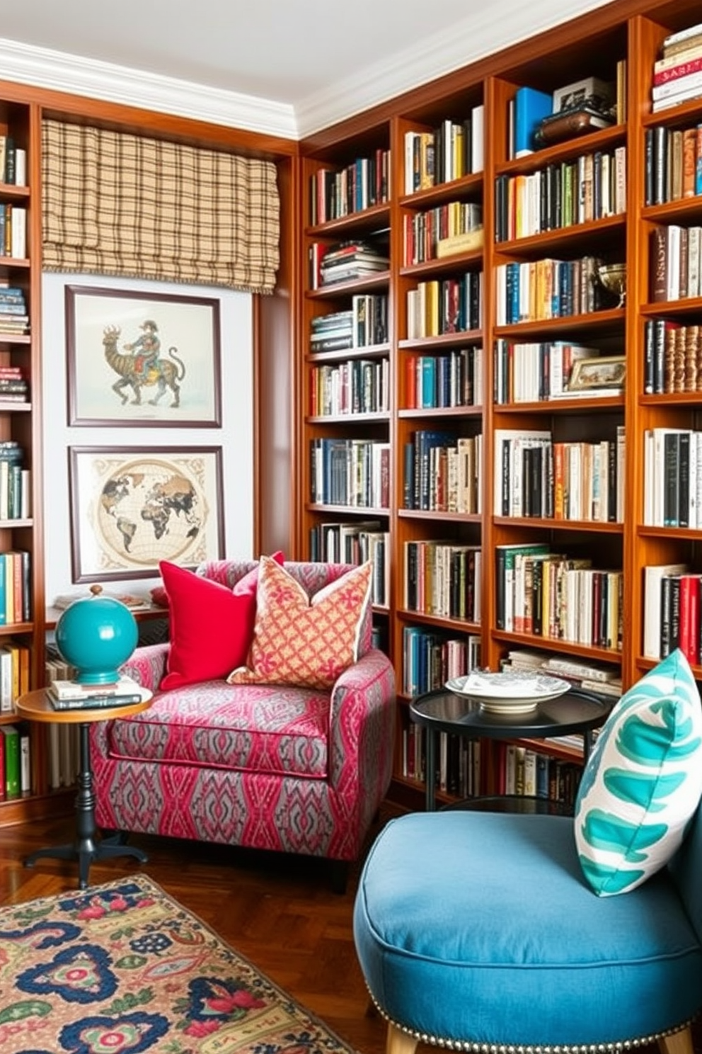 A Mid Century Modern home library features a cozy reading nook with a plush armchair upholstered in vibrant fabric. The space is adorned with colorful accent pillows that add comfort and style to the seating area, surrounded by floor-to-ceiling bookshelves filled with an eclectic mix of books and decor.