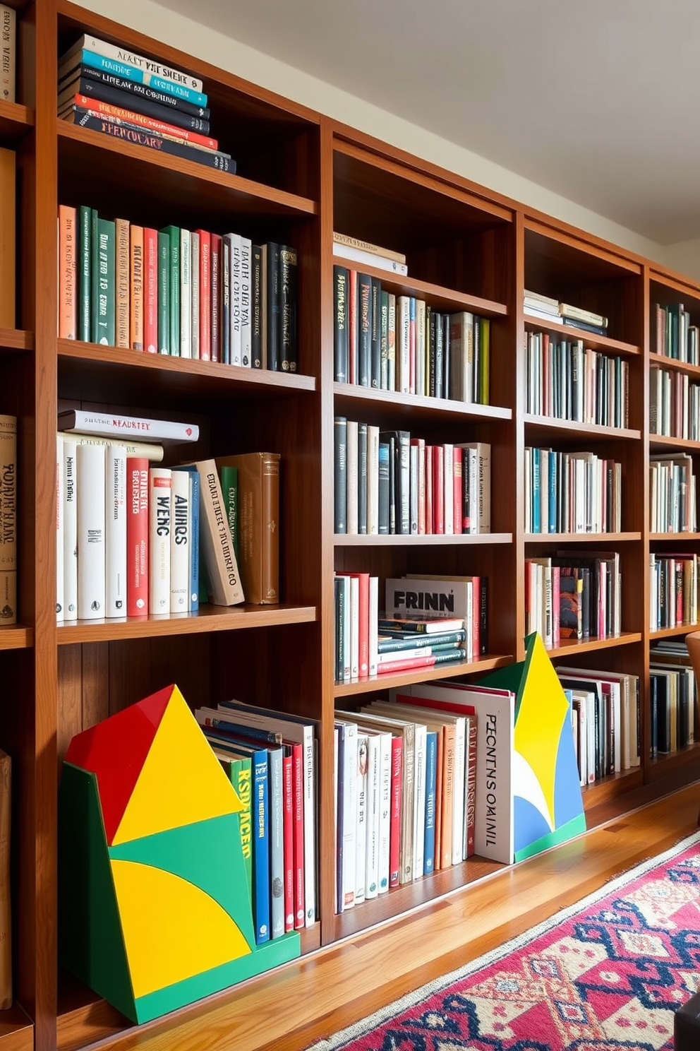 Artistic bookends add a touch of personality and flair to a Mid Century Modern home library. The library features sleek wooden shelves filled with an eclectic mix of books, complemented by bold geometric shapes and vibrant colors in the bookends.