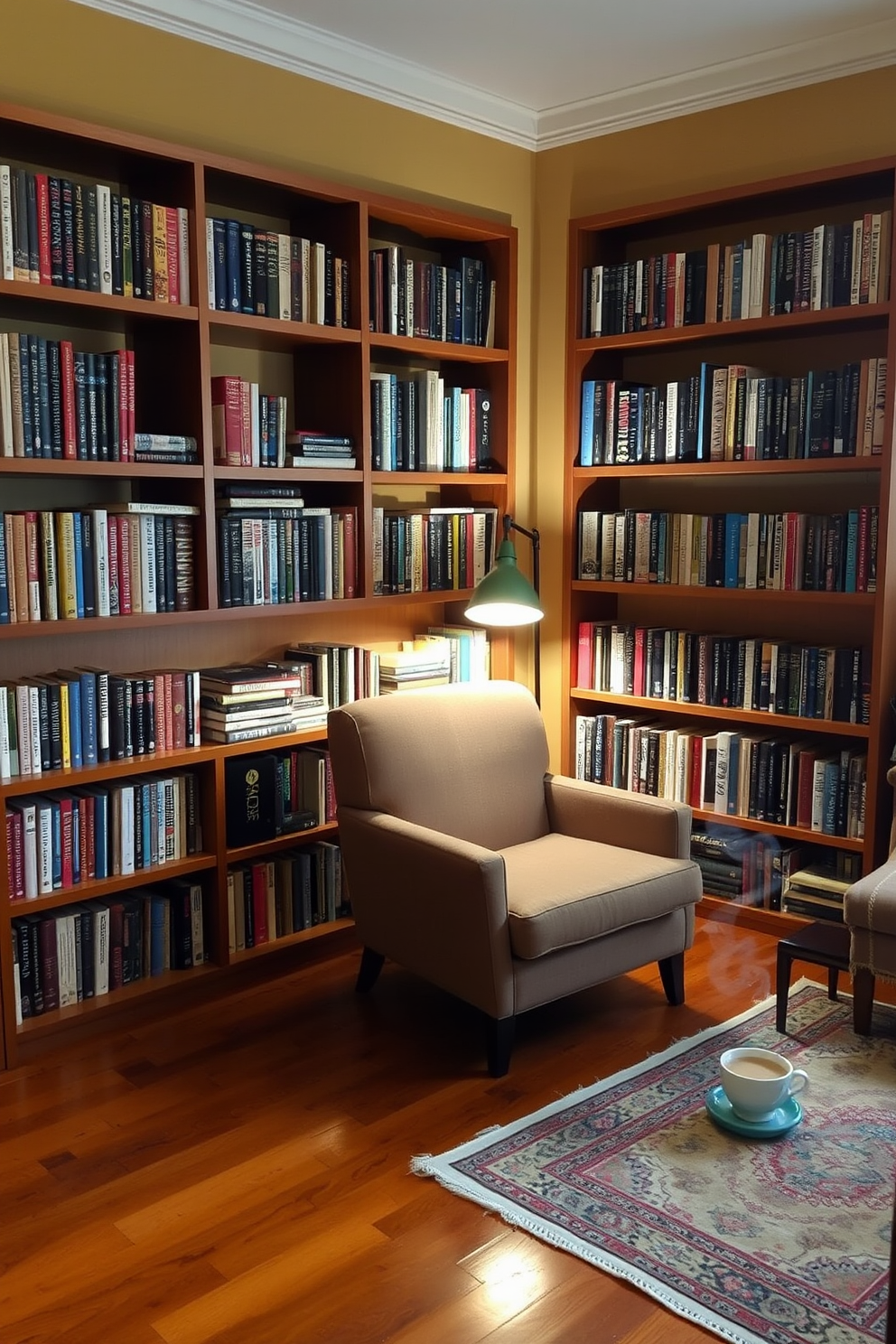 A personal library featuring a curated collection of books displayed on sleek wooden shelves. The space is adorned with a comfortable reading nook, complete with a plush armchair and a stylish floor lamp for optimal lighting. The walls are painted in a warm beige tone, creating an inviting atmosphere. A vintage rug adds texture to the polished hardwood floor while a small side table holds a steaming cup of coffee.