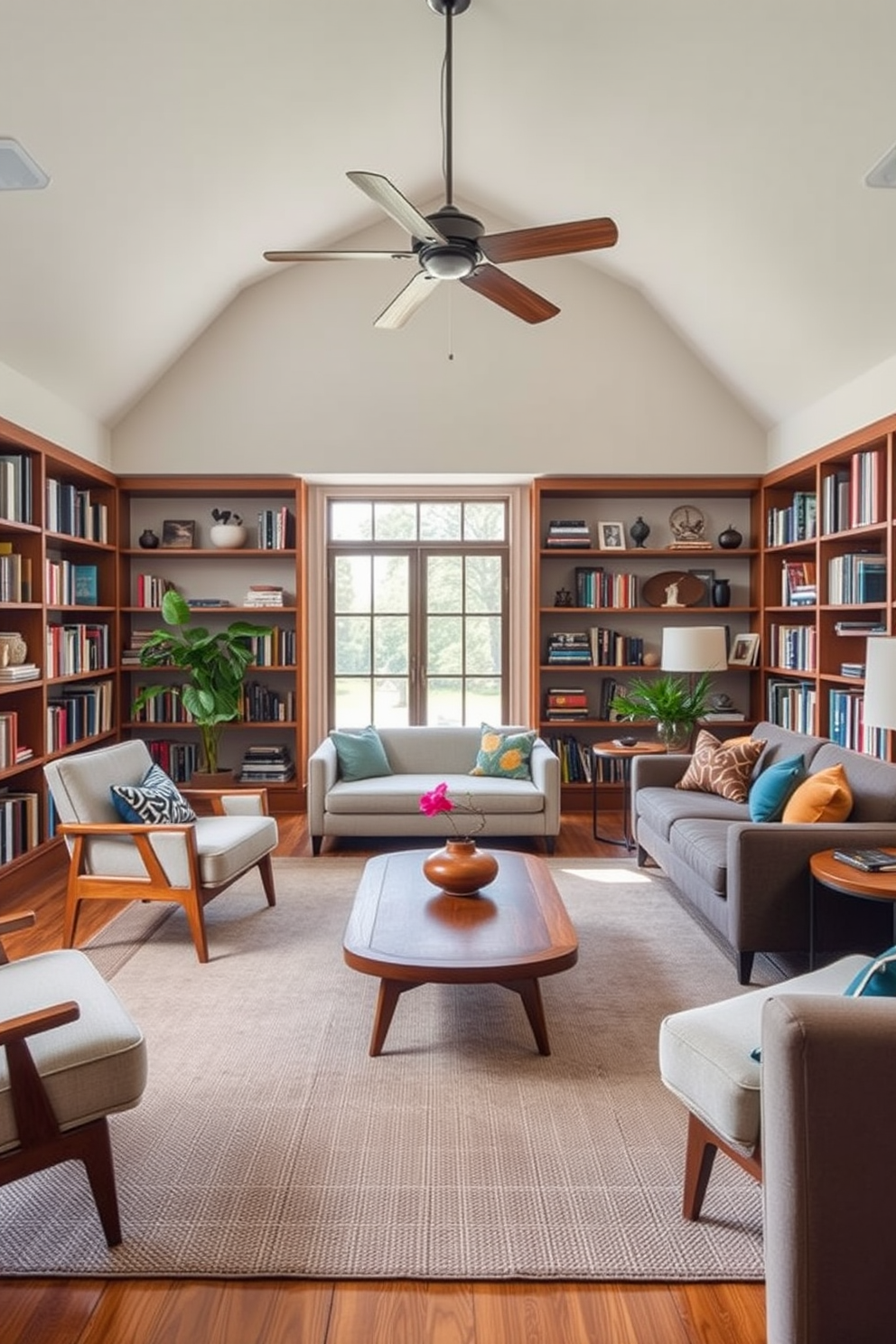 A cozy home library with Mid Century Modern design elements. The room features a sleek wooden coffee table at the center, surrounded by comfortable upholstered chairs and a stylish sofa. Bookshelves line the walls, showcasing an array of books and decorative items. Large windows allow natural light to fill the space, highlighting the warm wood tones and vibrant accents throughout the room.