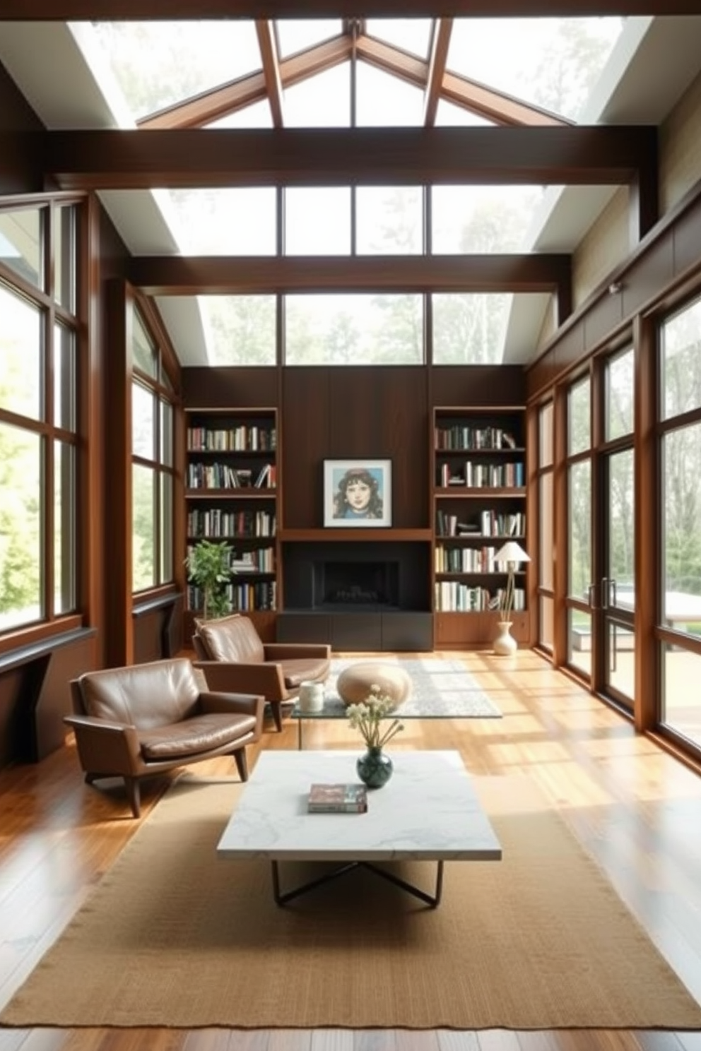 A spacious home library featuring large windows that flood the room with natural light. The design incorporates Mid Century Modern elements such as a sleek wooden bookshelf, a comfortable leather armchair, and a minimalist coffee table.