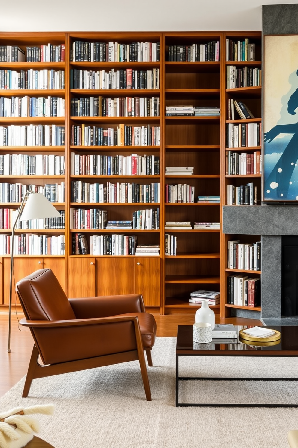 A Mid Century Modern home library features sleek furniture with clean lines that create an inviting and functional space. The room is adorned with a rich wooden bookshelf filled with books, complemented by a stylish leather armchair and a minimalist coffee table.