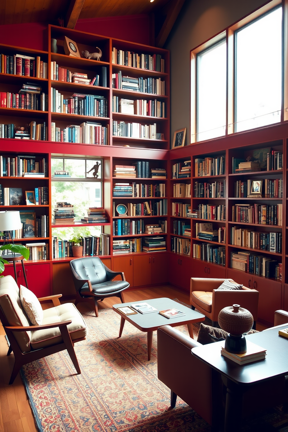 A cozy home library featuring vintage bookshelves in rich colors. The shelves are filled with an eclectic collection of books and decorative items, creating a warm and inviting atmosphere. The room is adorned with Mid Century Modern furniture, including a sleek reading chair and a stylish coffee table. Large windows allow natural light to flood the space, highlighting the rich hues of the bookshelves and creating a perfect reading nook.