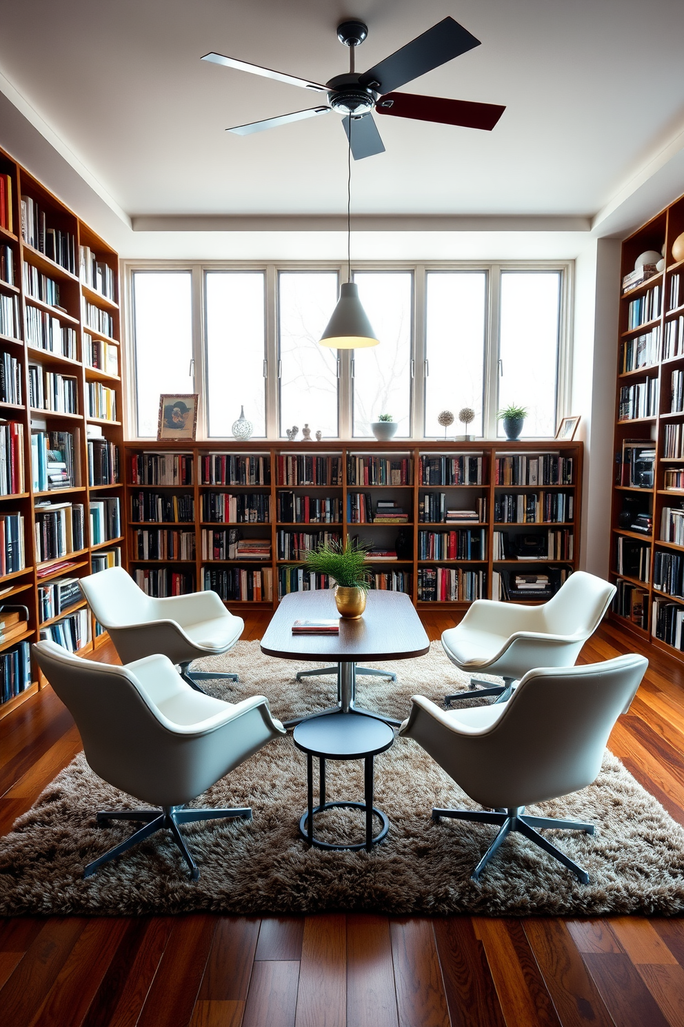 A cozy home library featuring Eames chairs arranged around a sleek wooden table. The walls are lined with floor-to-ceiling bookshelves filled with an eclectic mix of books and decorative items, creating a warm and inviting atmosphere. The space is illuminated by natural light streaming in through large windows, complemented by stylish pendant lighting overhead. A plush area rug anchors the seating area, adding comfort and texture to the Mid Century Modern design.