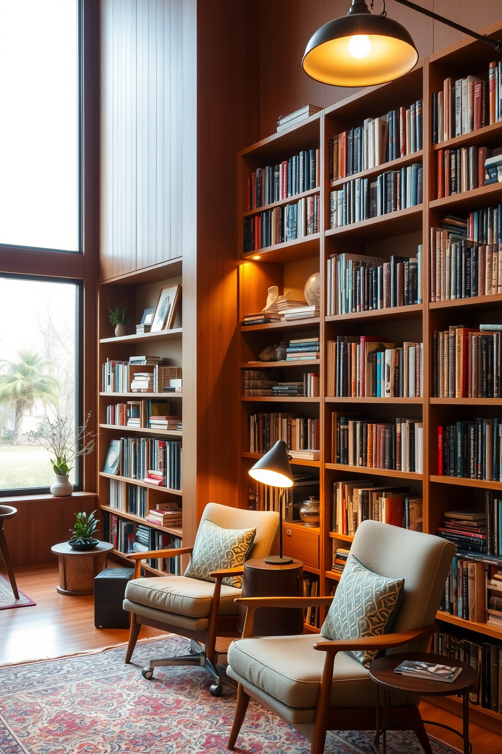 A cozy mid-century modern home library featuring warm wooden bookshelves filled with an eclectic mix of books and decorative items. Soft, ambient lighting is provided by stylish mid-century lighting fixtures, creating a welcoming atmosphere for reading and relaxation. The library includes a comfortable reading nook with a vintage armchair and a small side table. Large windows allow natural light to flood the space, highlighting the rich textures and colors of the mid-century decor.