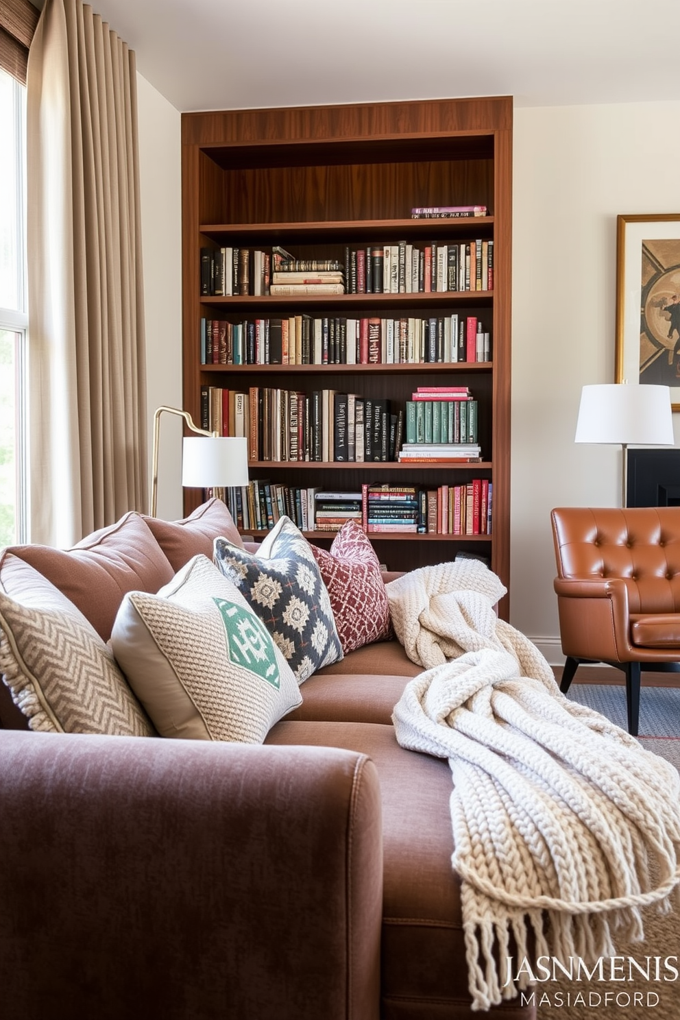 Layered textiles for comfort and style. A cozy reading nook features a plush oversized sofa adorned with various patterned throw pillows and a soft knitted blanket draped over one arm. Mid Century Modern Home Library Design Ideas. The library showcases a sleek walnut bookshelf filled with books, complemented by a stylish leather armchair and a minimalist side table holding a vintage lamp.